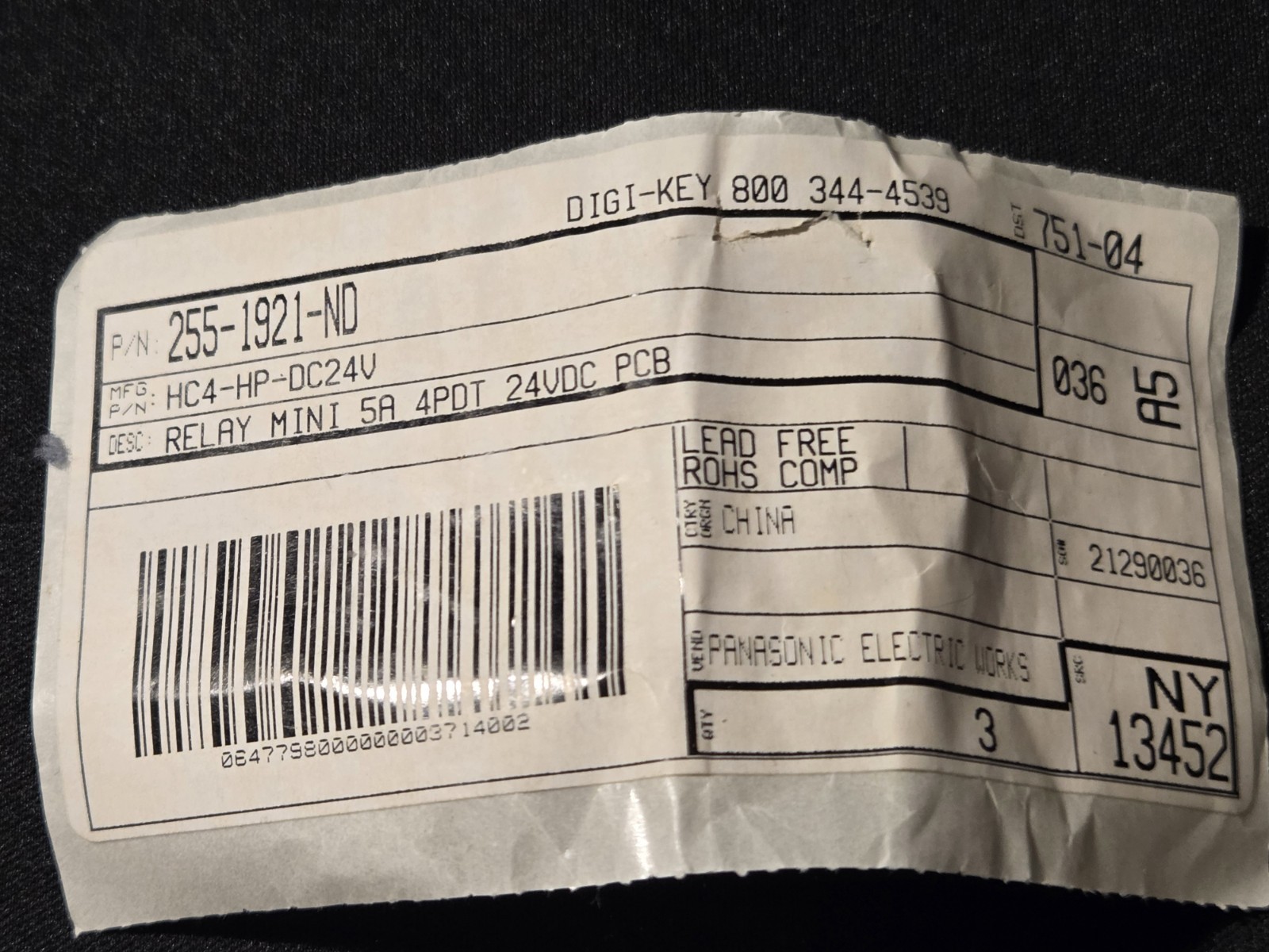 Panasonic Relay, HC4-HP-DC24V, AP3442K, NOS