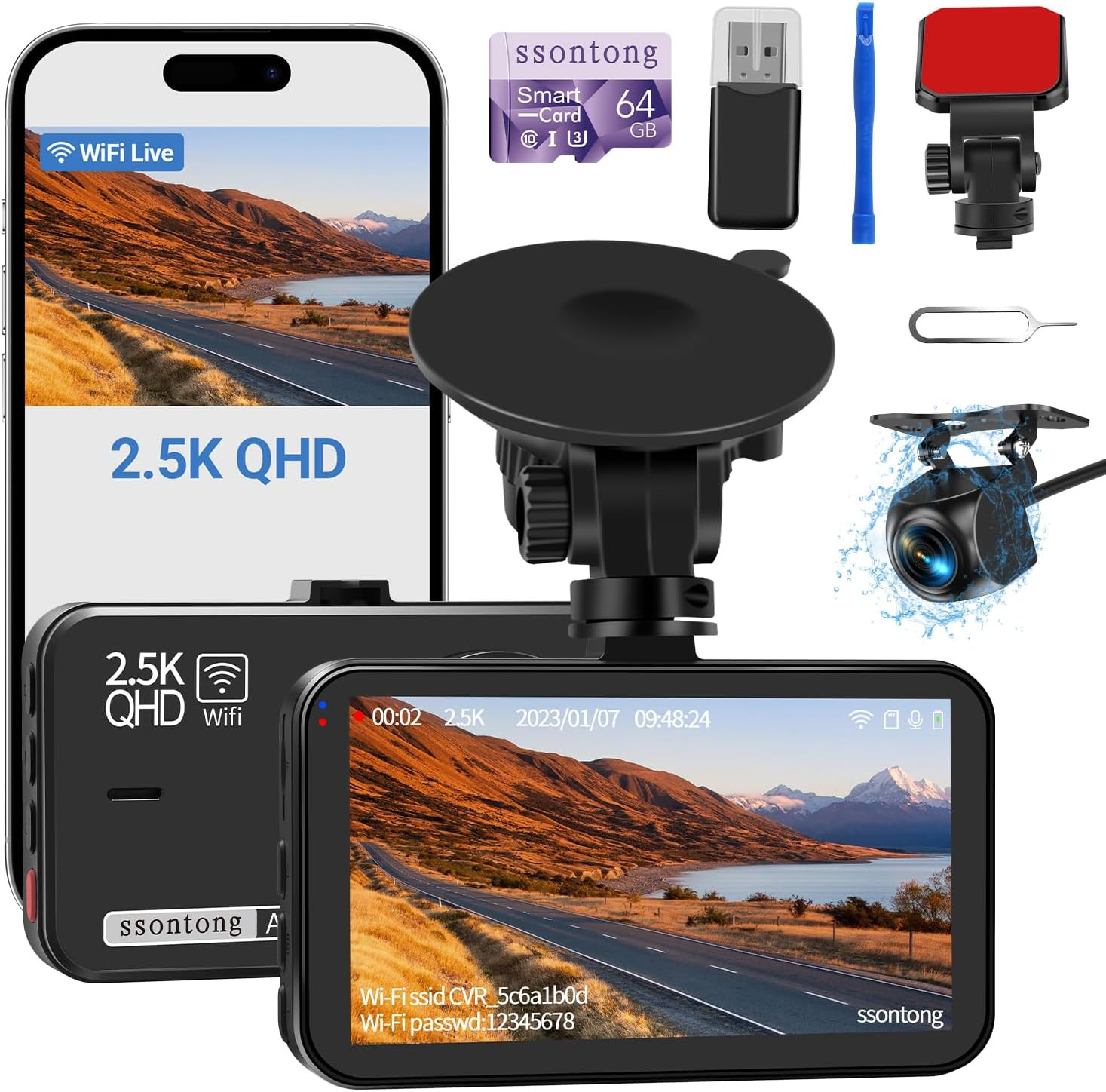 Dash Cam Front and Rear, Dash Camera for Cars Wifi/App Control Dual Dashcam W/ 6