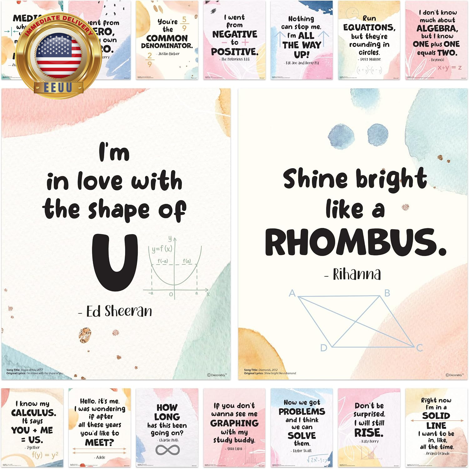 16 Math Posters for High School, 11X14In Educational, Matte-Laminated Classroom