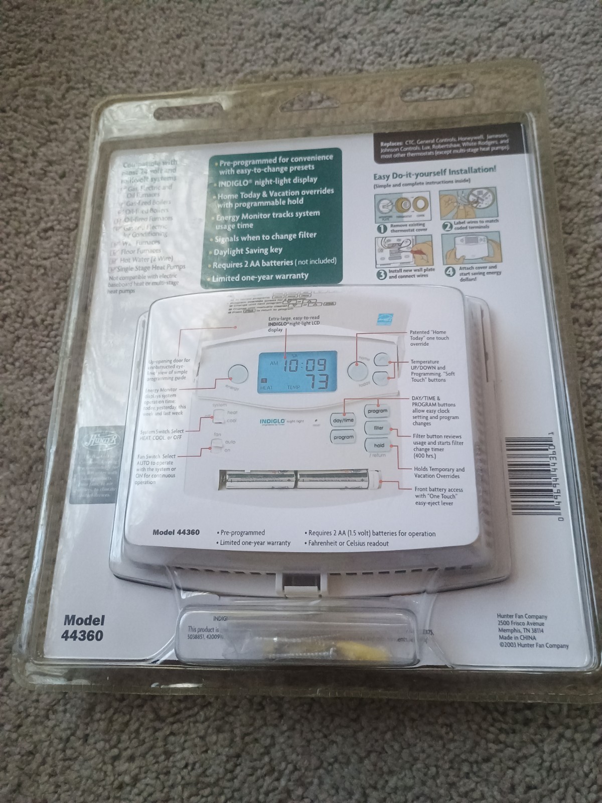 Hunter Set & Save Programmable Thermostat Model 44360 New