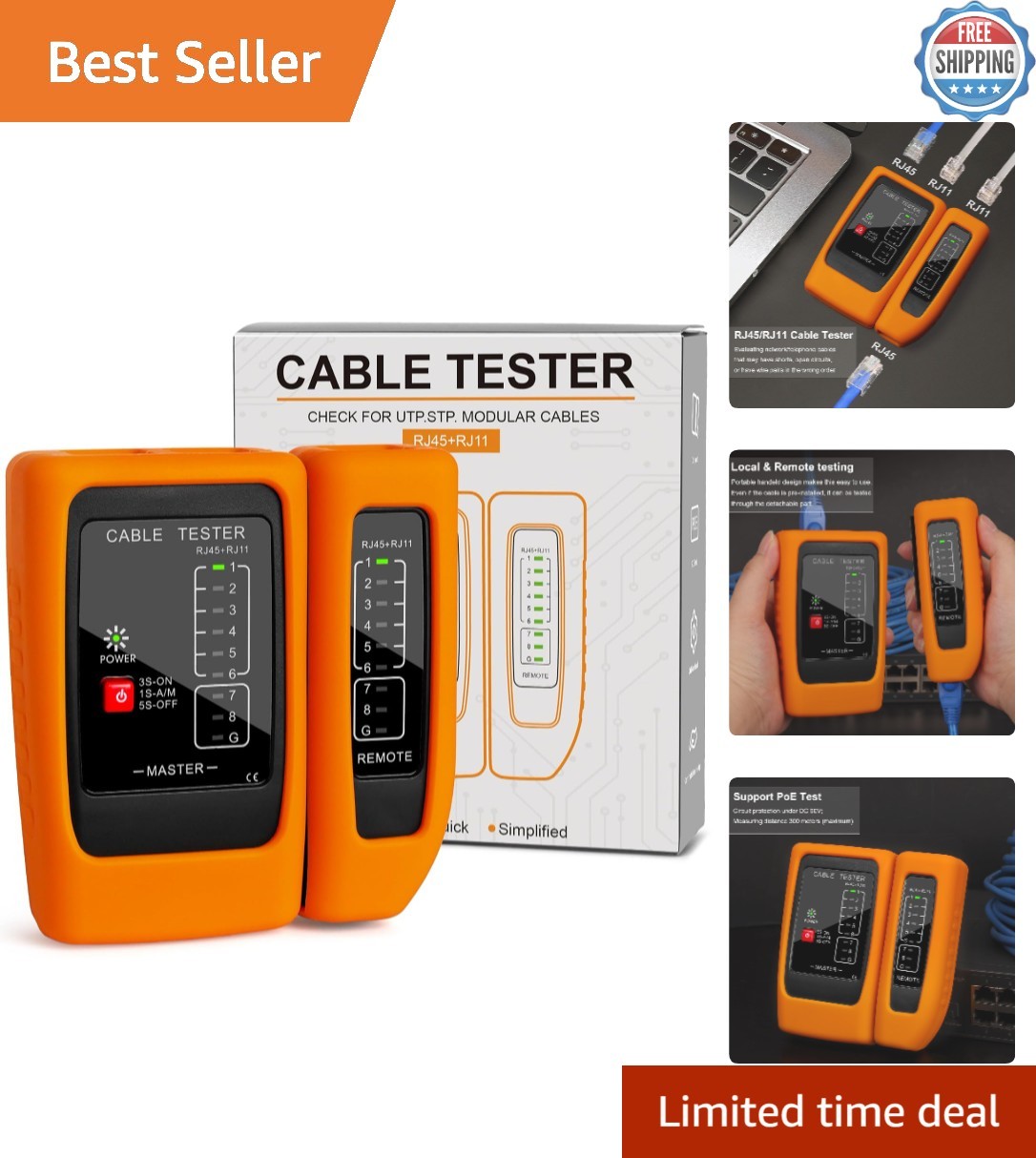 Effortless RJ45/RJ11 Tester with Built-In PoE Detection & One-Button Operation