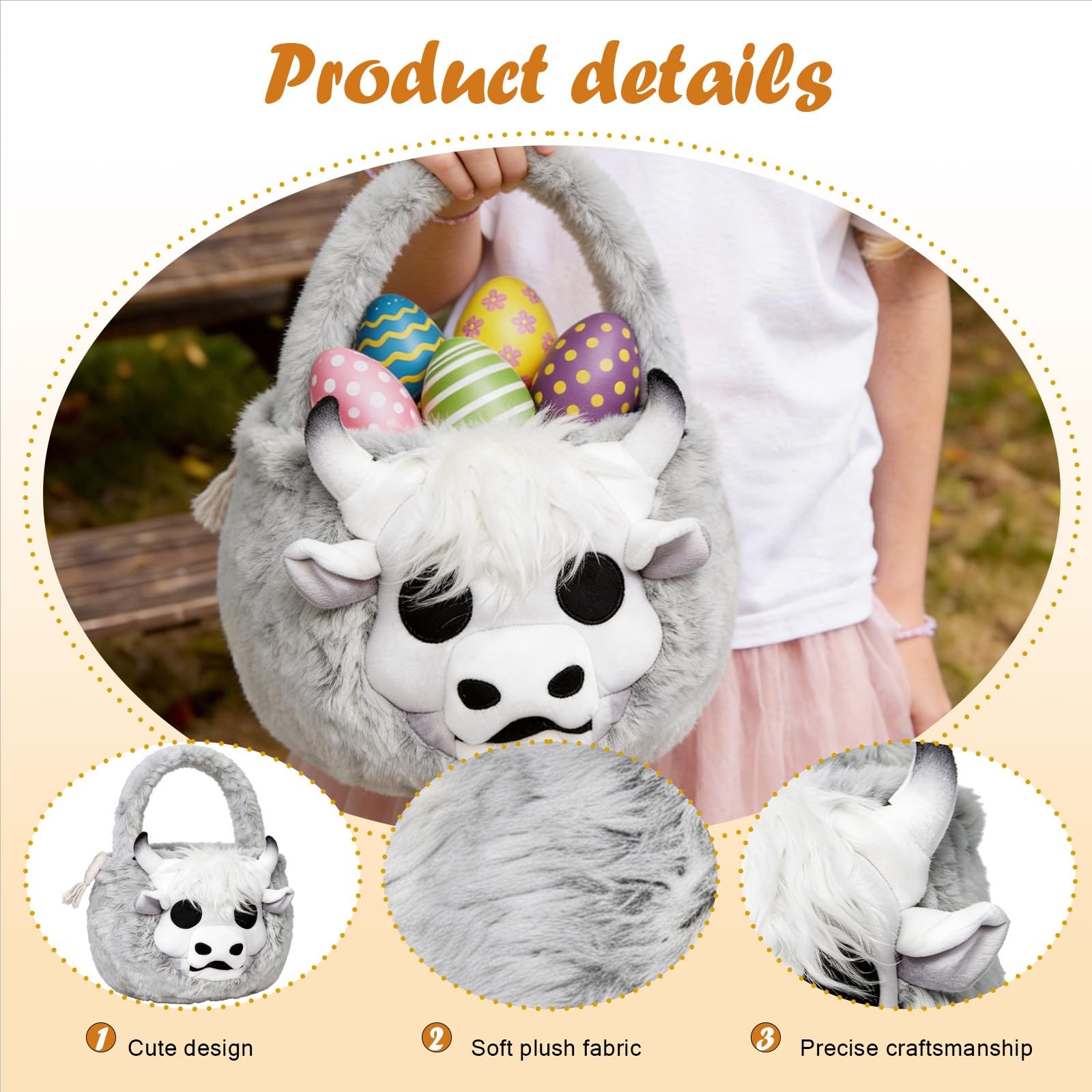 Easter Basket, Soft skeleton Cow Plush Baskets, Easter Egg Hunt Buckets, East...