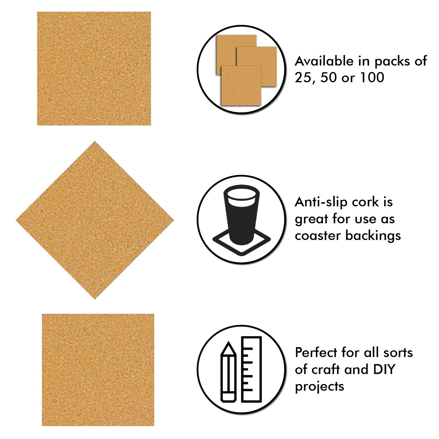 Cork Squares Self-Adhesive Backing Sheets 25 Pack 4 x 4 Inches for Coasters