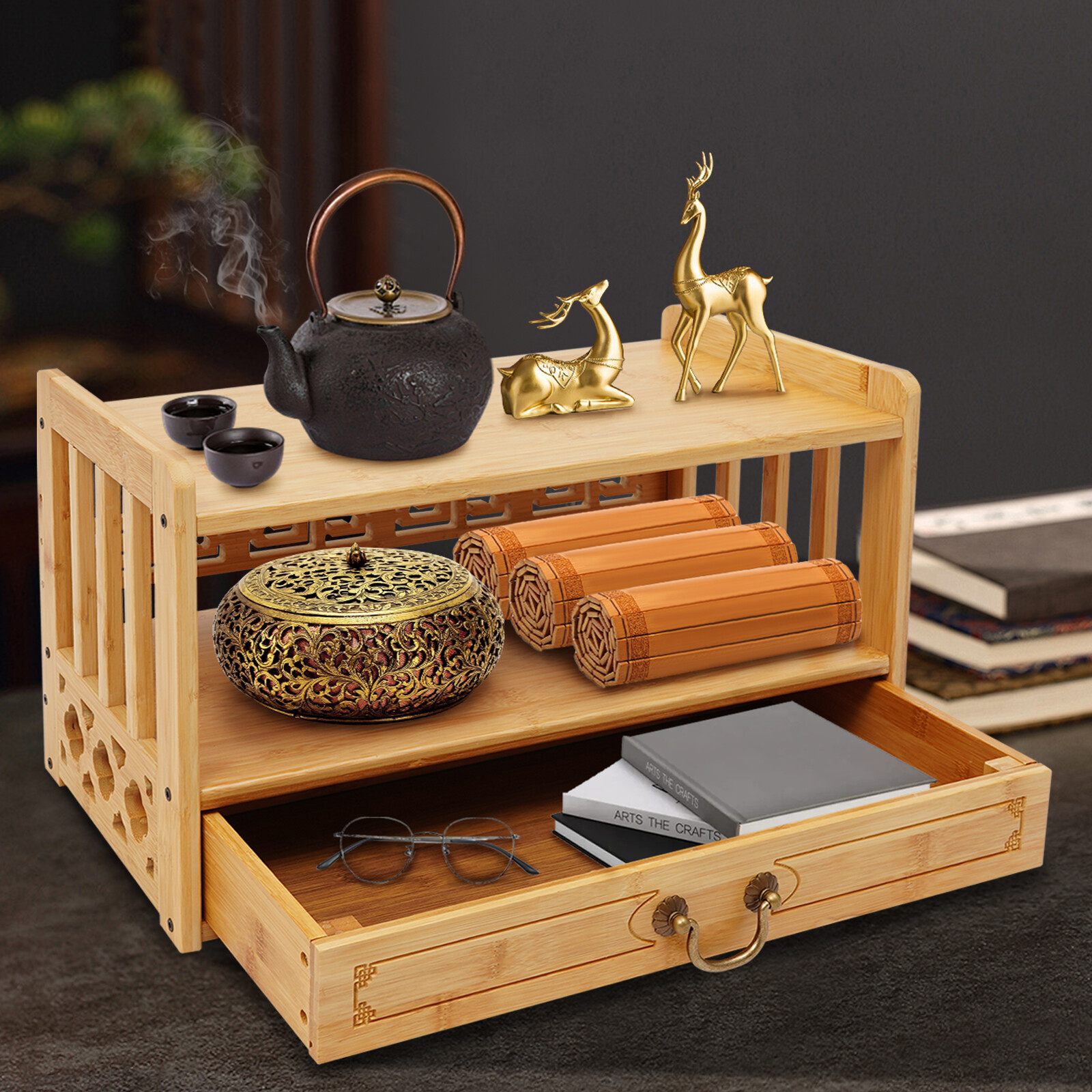 Meditation Storage Table with Drawer, Bamboo Desktop Organizer Chinese Style