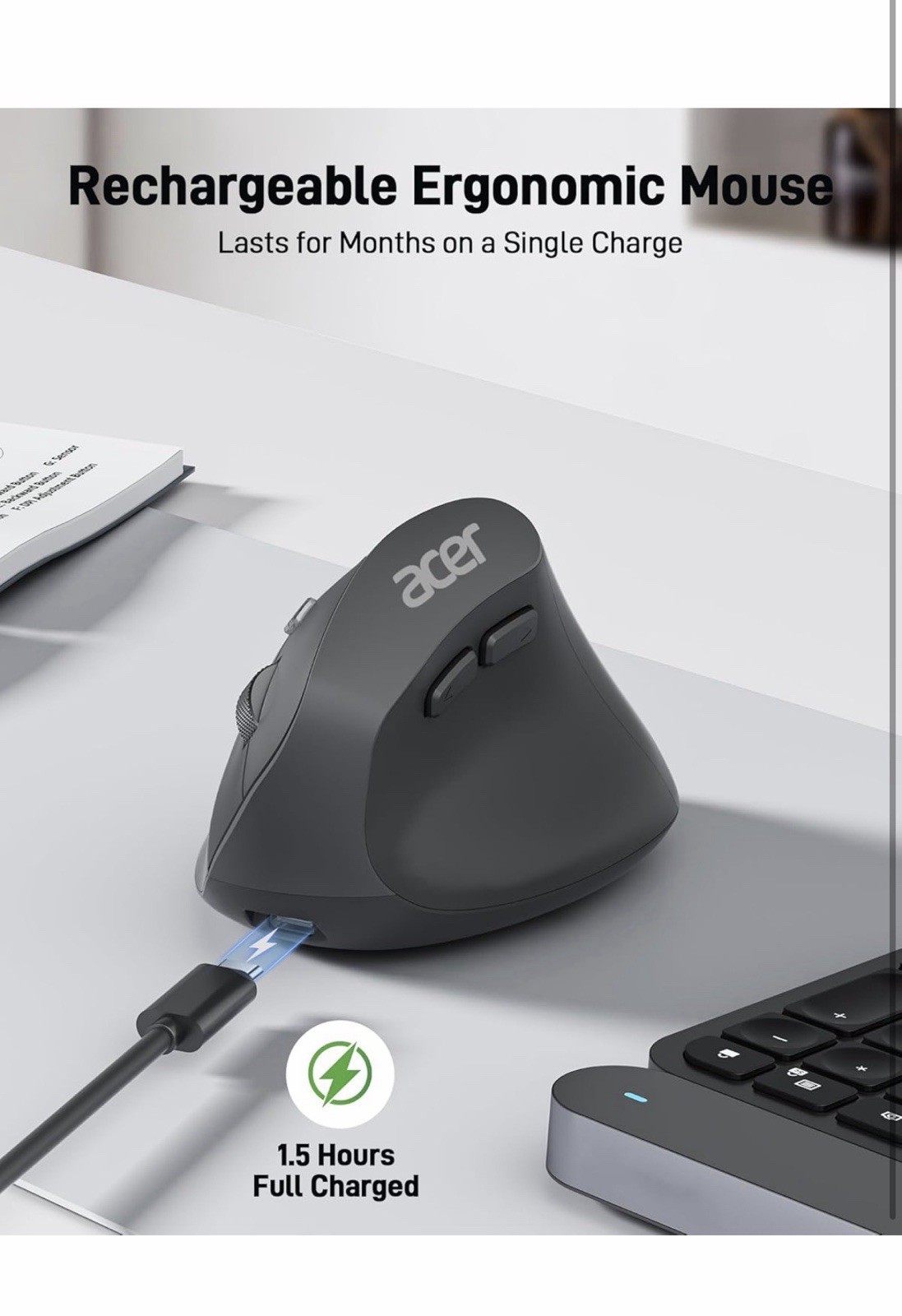 Acer Ergonomic Mouse Wireless, Adjustable DPI Vertical Mouse 1000/1200/1600