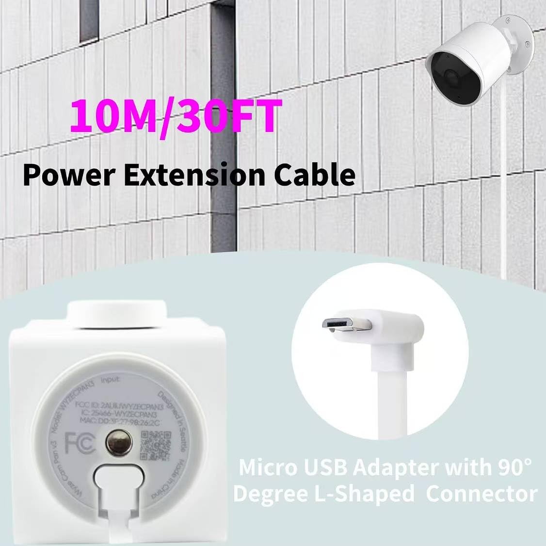 Micro USB Camera Extension Cable for Wyze, [2-Pack, 30ft] Power Extension Cor...