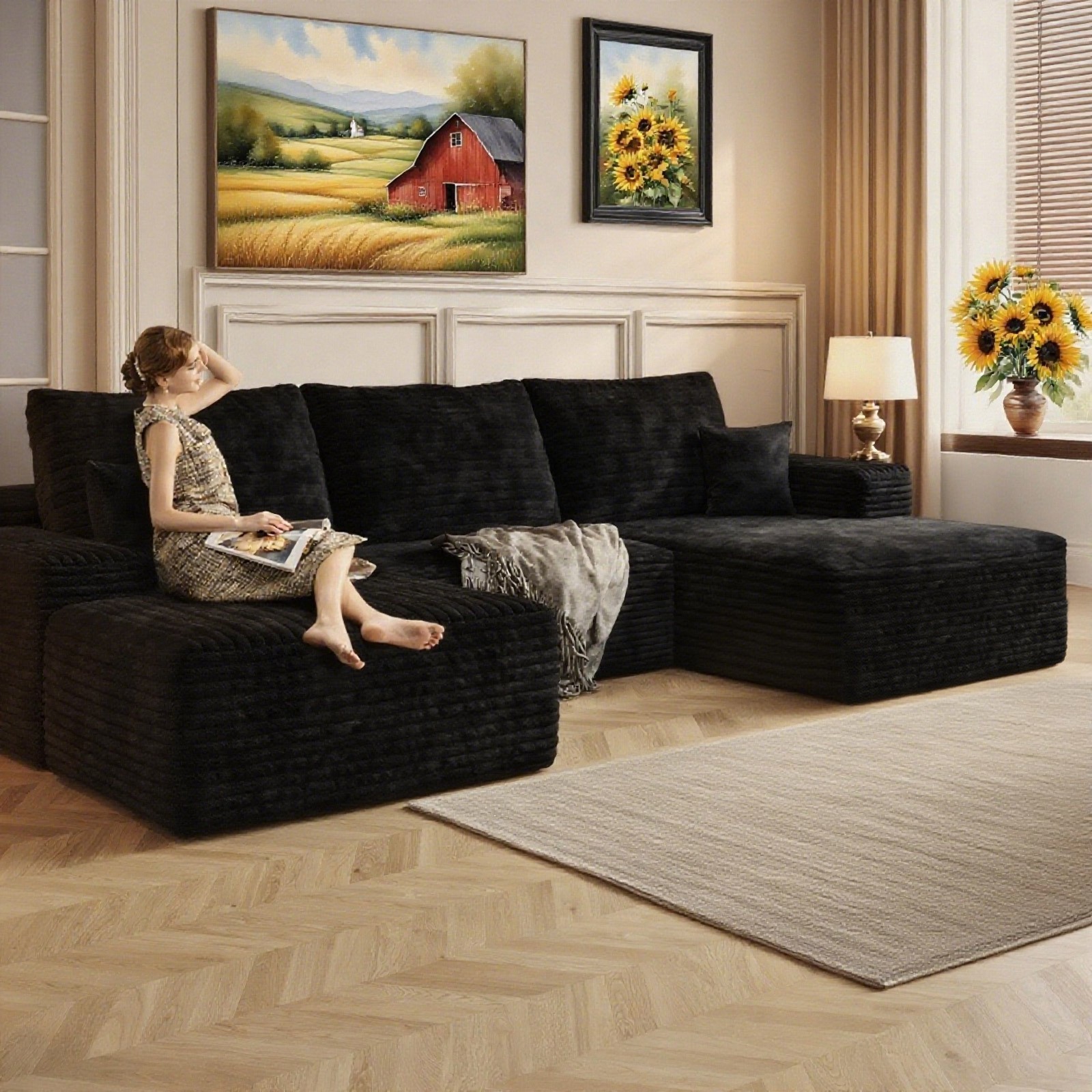 107" Boneless Couch Sectional Cloud Sofa Right Facing Chaise Lounge with Ottoman