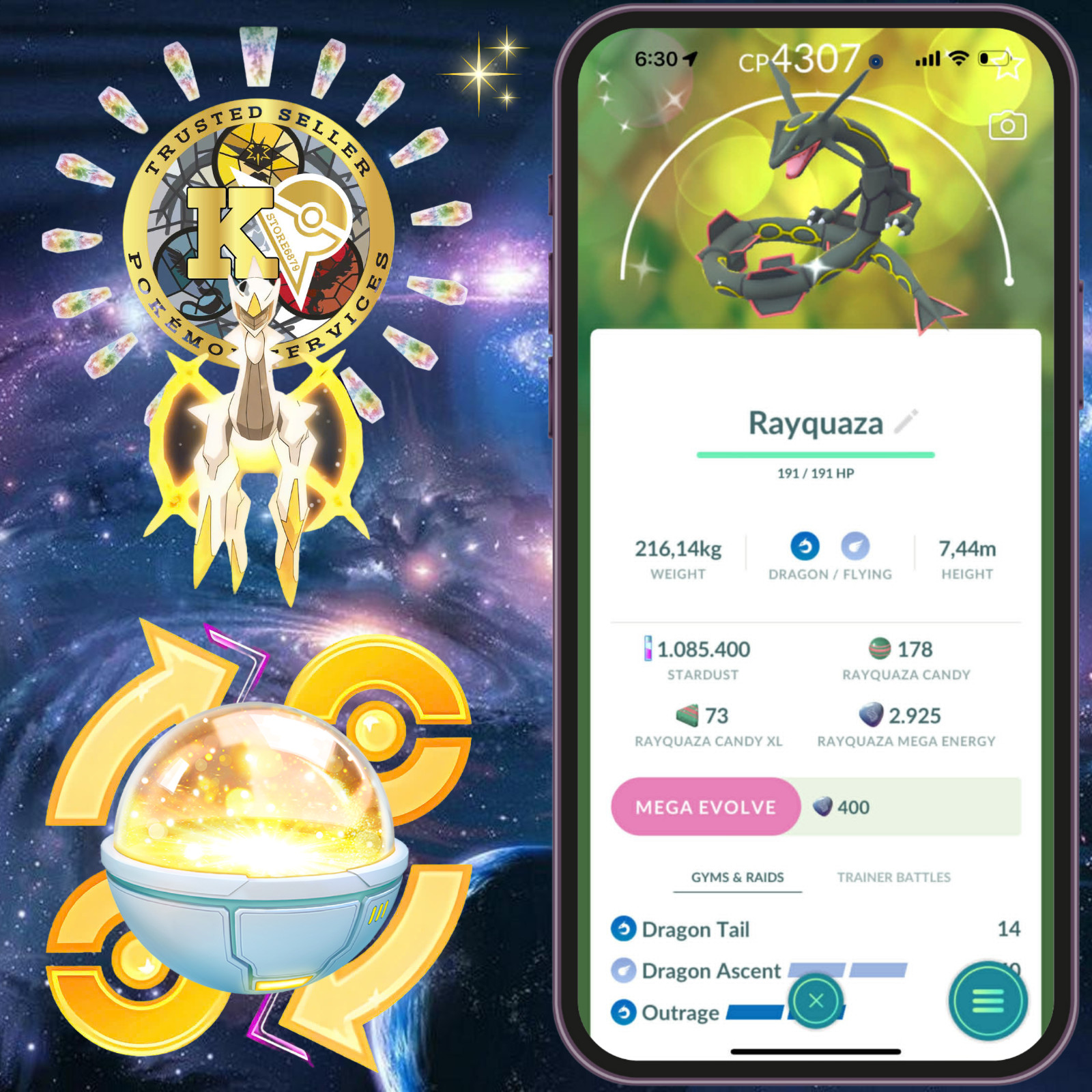 P.T.CentraI—TRADE Go— Shiny Rayquaza — Level 50—3 Movesets Dragon Ascent—Digital