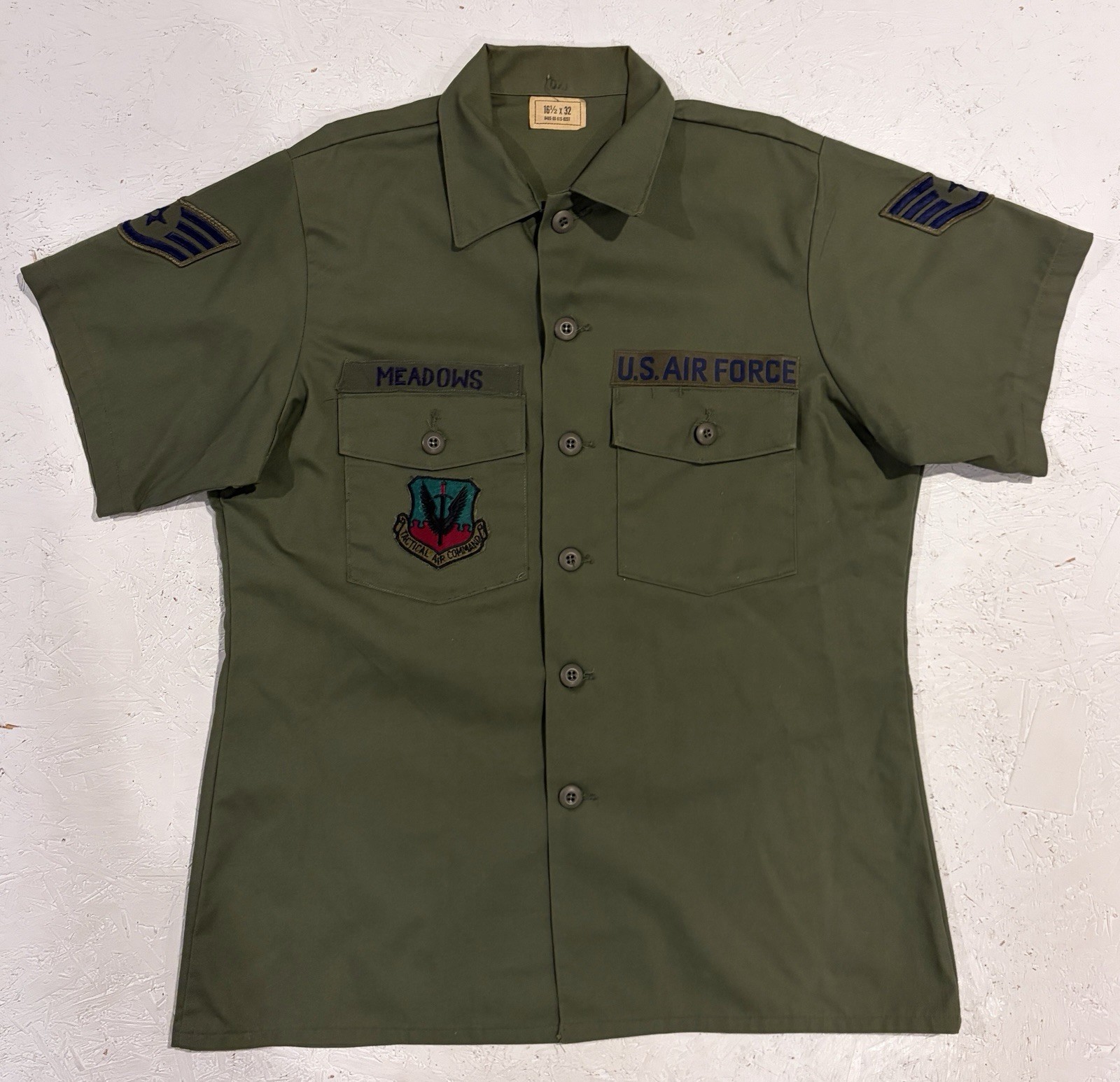 Vintage US Air Force Utility Button Up Shirt Mens 16.5 OG-507 Green Short Sleeve