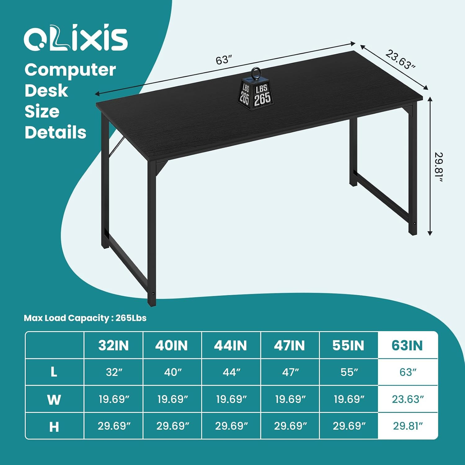 63-Inch Large Computer Desk for Home Office, Black | Gaming Writing Work and Stu