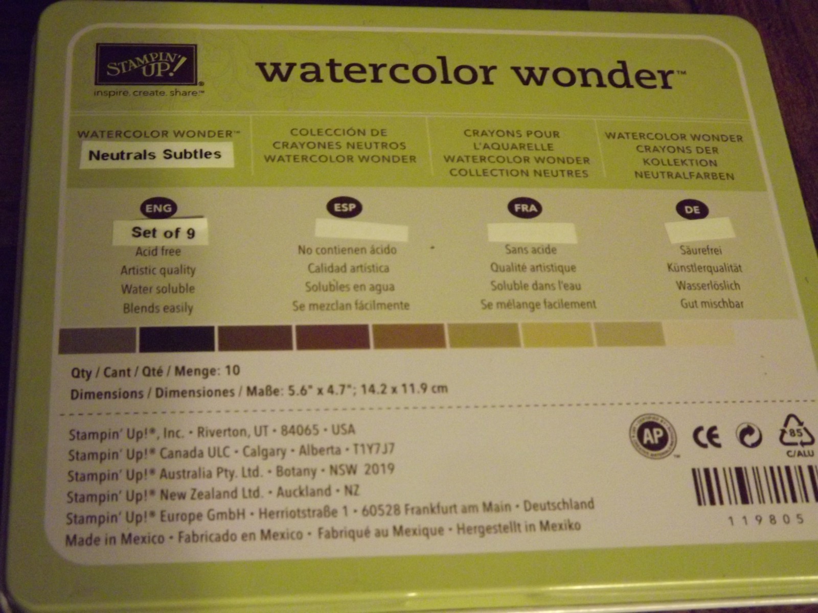 Sampin Up Watercolor Wonder-Watercolor Crayons-Neutrals/Subtles Set of 9-Retired