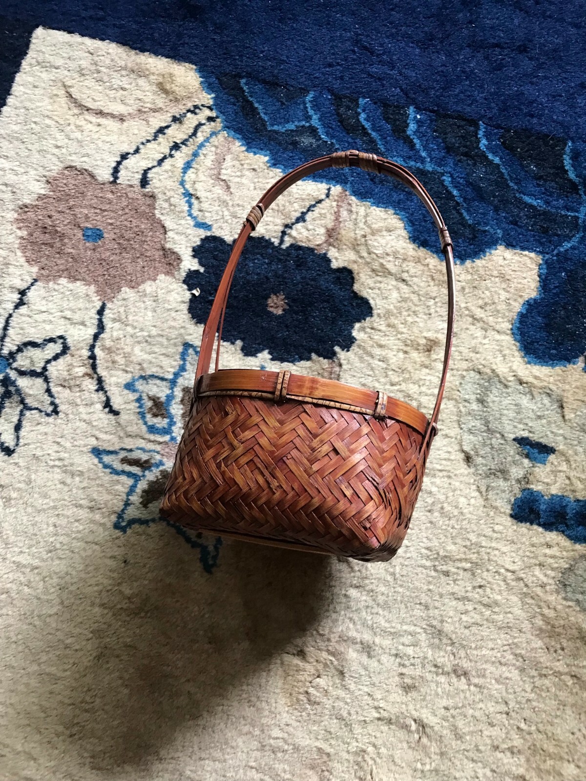 Vintage Chinese brown wicker / Bamboo basket with high handle 10"H x 6"W