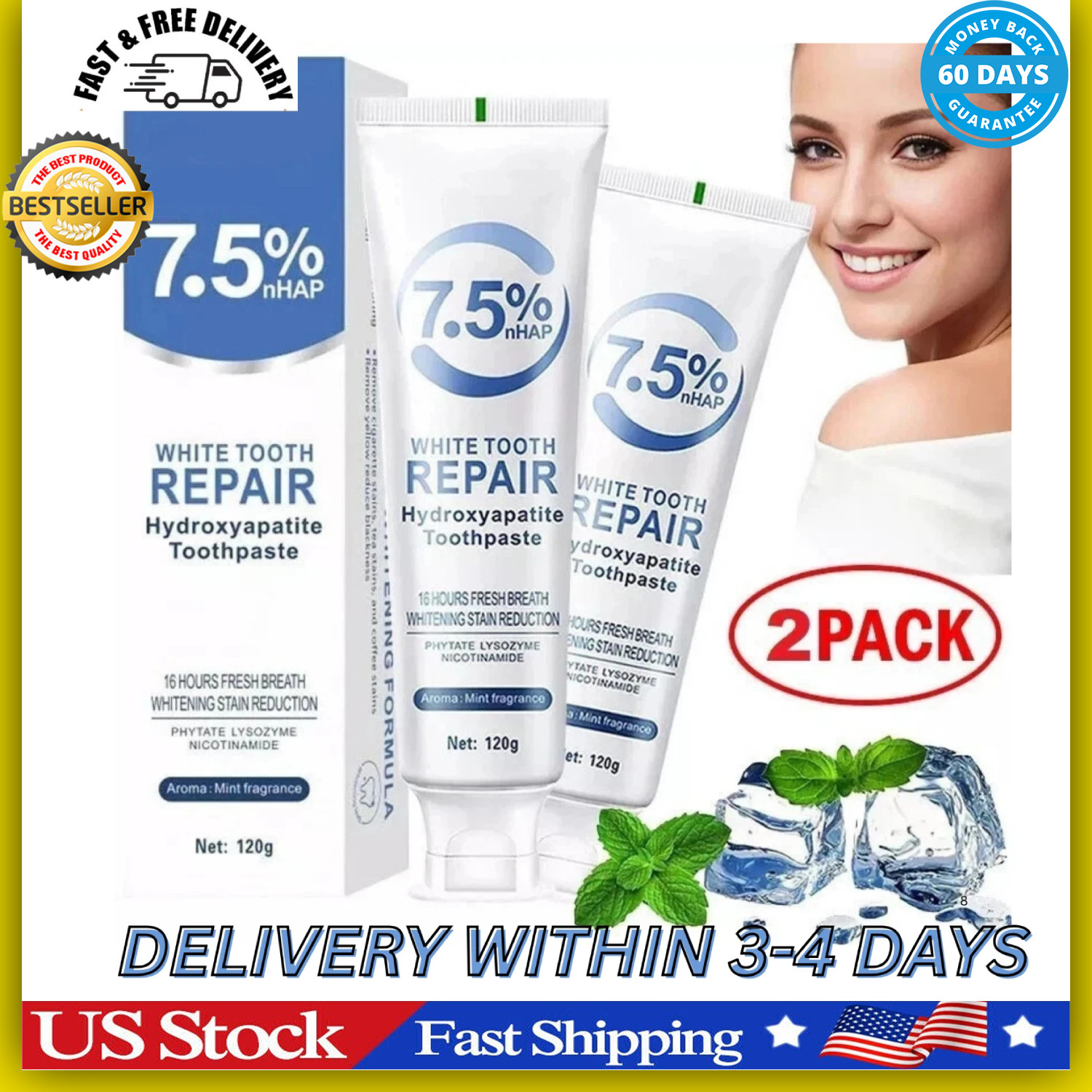 2 Pasta dental con 7.5% Nano Hidroxiapatita, sin flúor, 4oz, blanqueadora
