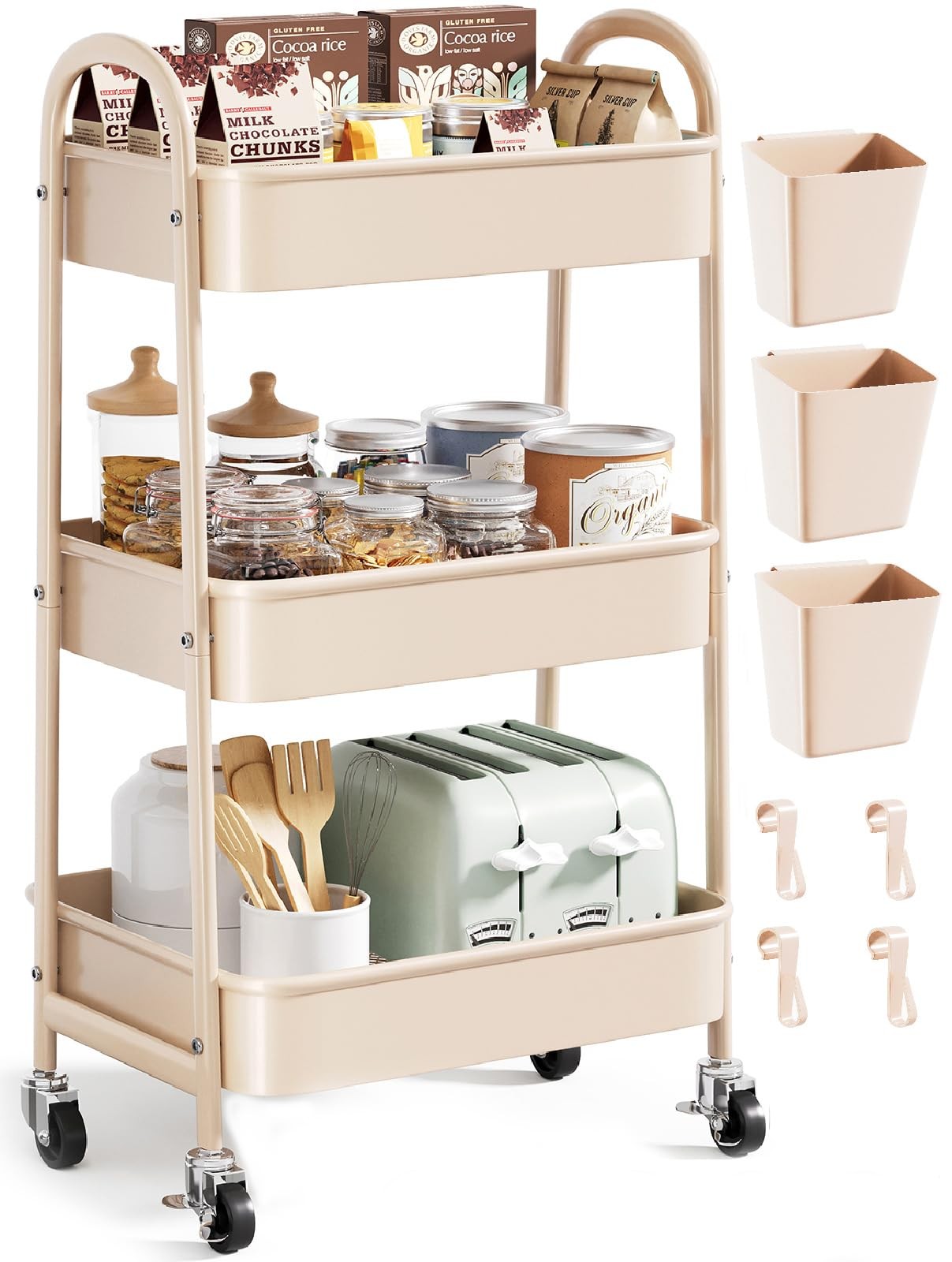 Beige 3 Tier Rolling Cart Metal on Wheels, Three Tiered Storage Organizer Uti...