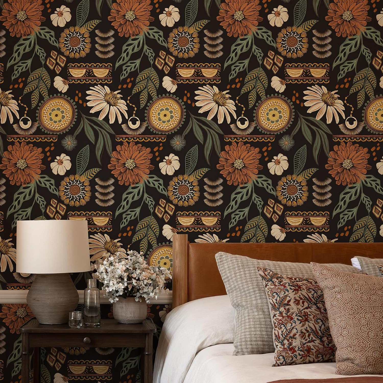 Simon&Siff Boho Wallpaper Peel and Stick, 17.3'' x 80" Sun Floral Retro Removabl