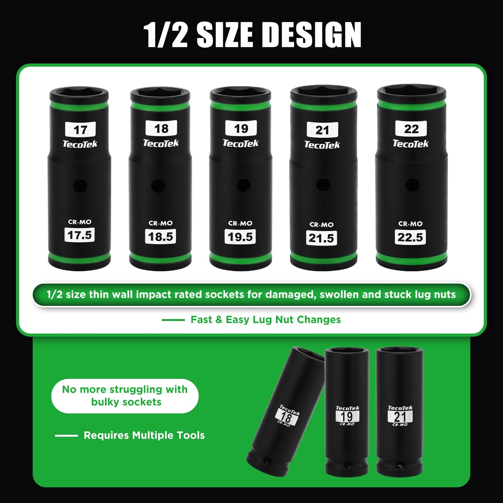 7PCS Lug Nut Socket Set, 1/2” Impact Thin Wall Flip Socket, Half Size Wheel S...