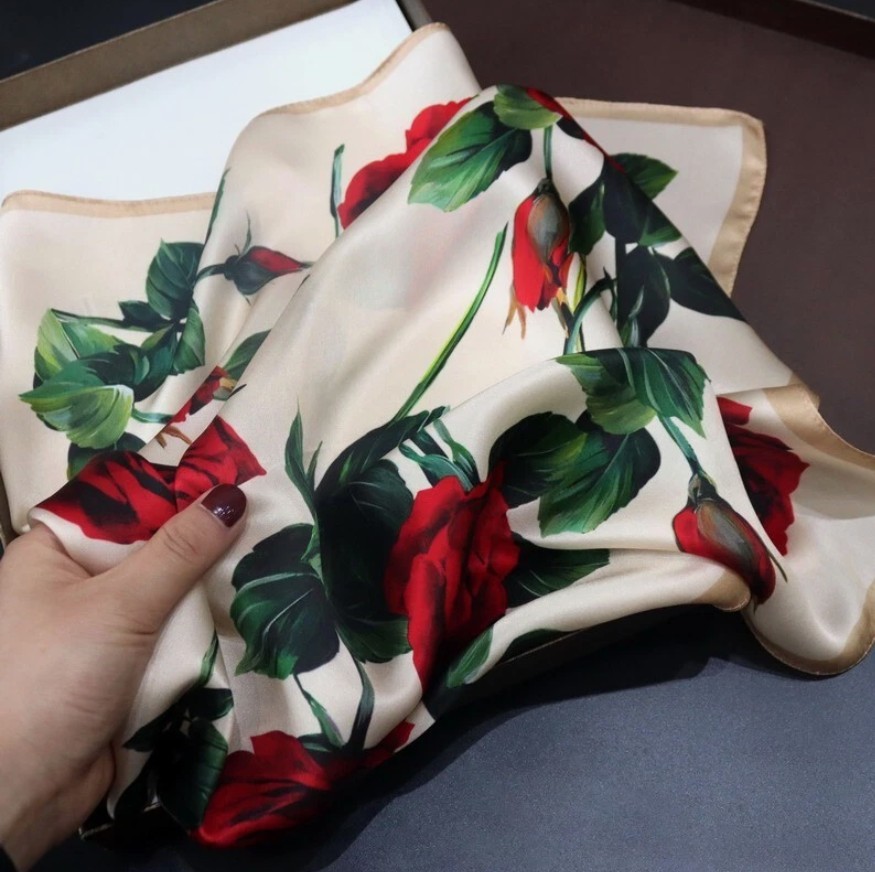 Red Rose 100% Silk Square Scarf Small Head Bandana Vintage Kerchief Turban 53 cm