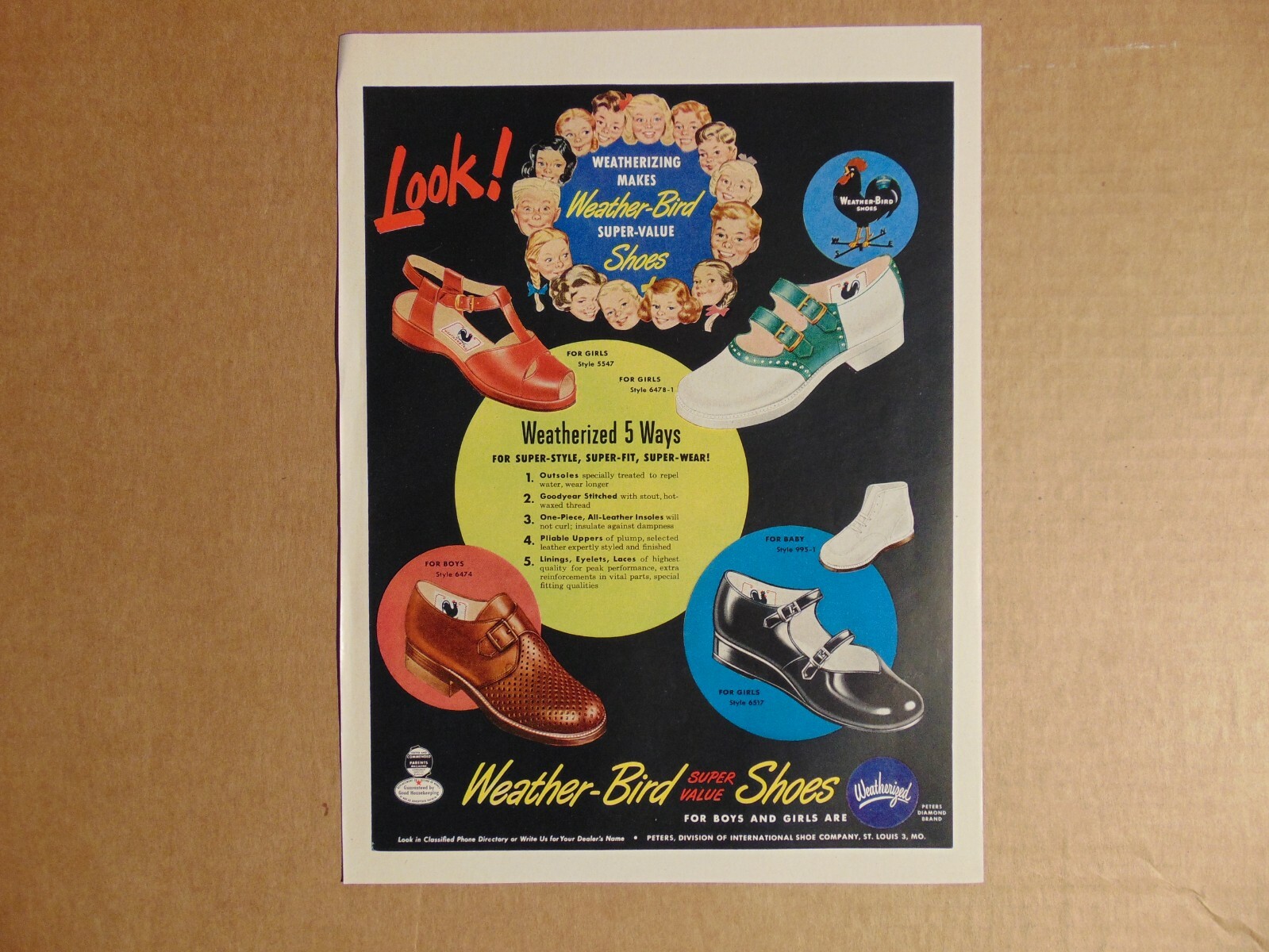 1949 WEATHER-BIRD CHILDREN'S SHOES vintage art print ad