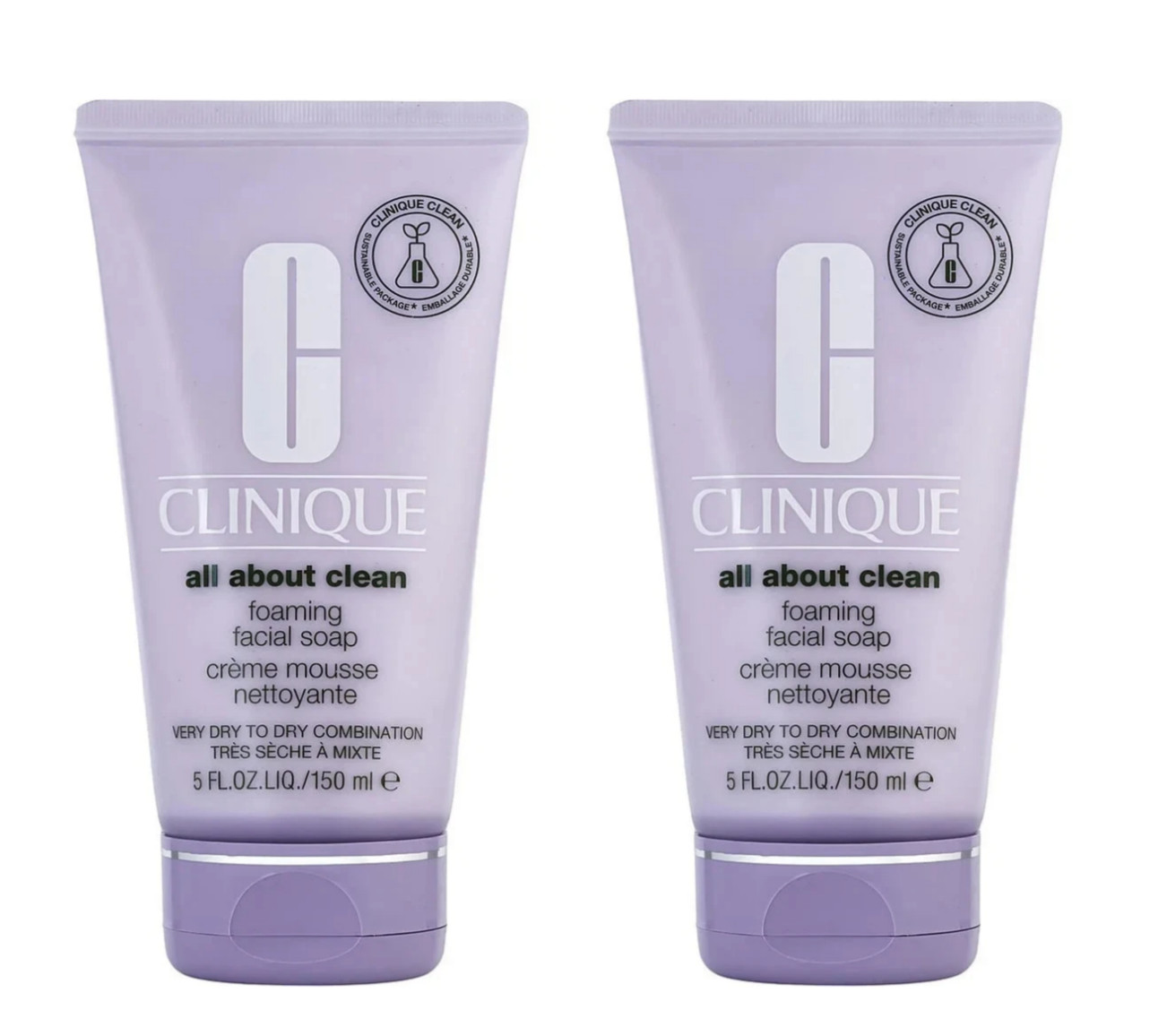 2 x Clinique All About Clean Foaming Facial Soap Dry Combination Skin 5oz/150ml
