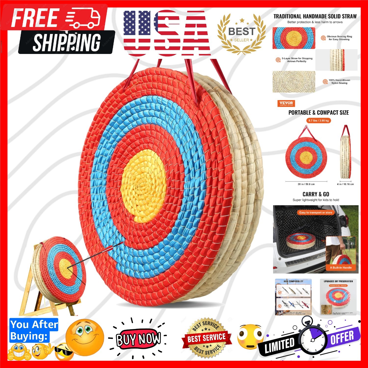 Straw Archery Targets, 20" Round Archery Target for Backyard, Traditional Sol...