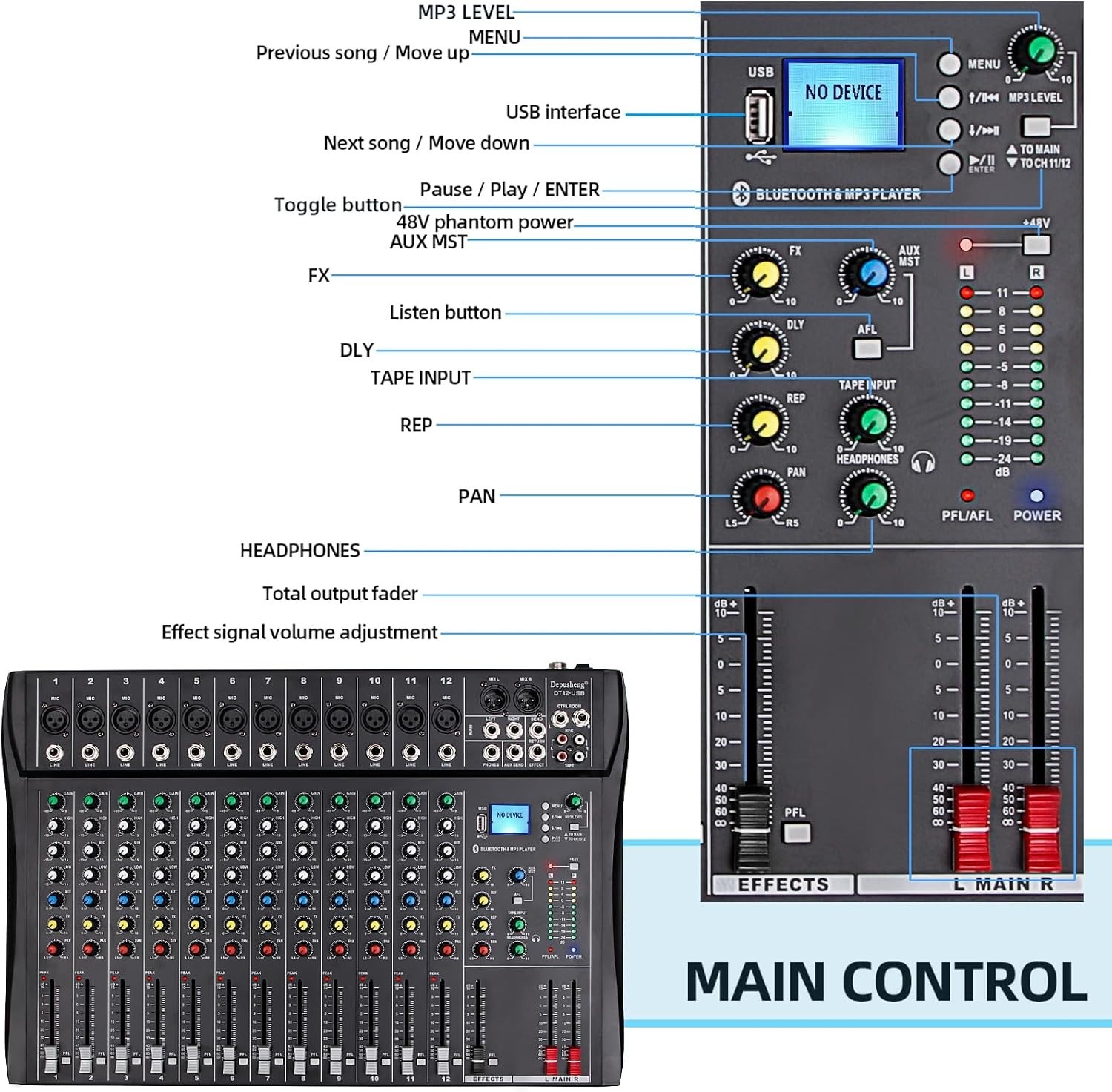 DT12 12-Channel DJ Audio Mixer with USB, Bluetooth, XLR & RCA Input