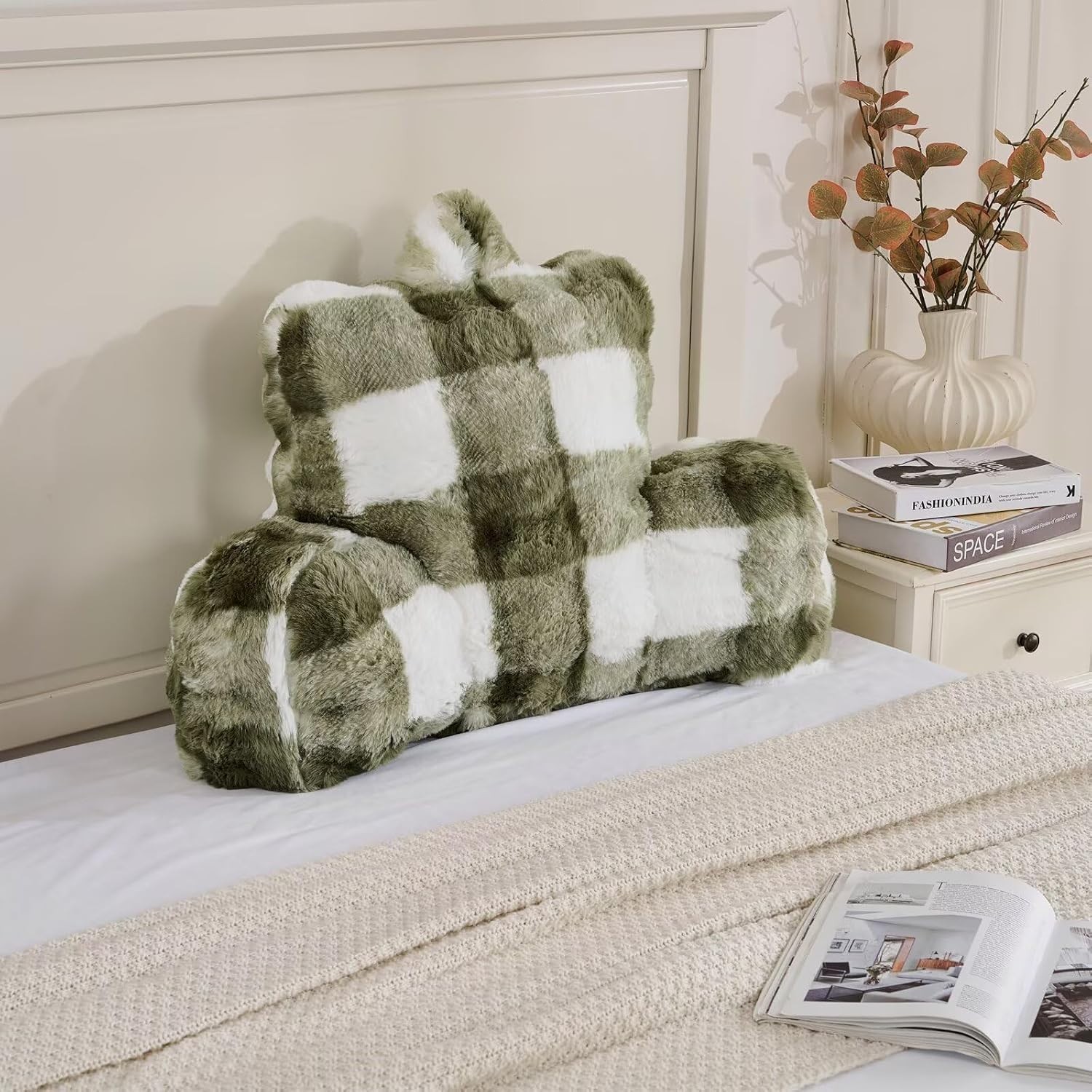 Adult Reading Pillow Velvet Back Support Cushion 18in Sage Green Grid