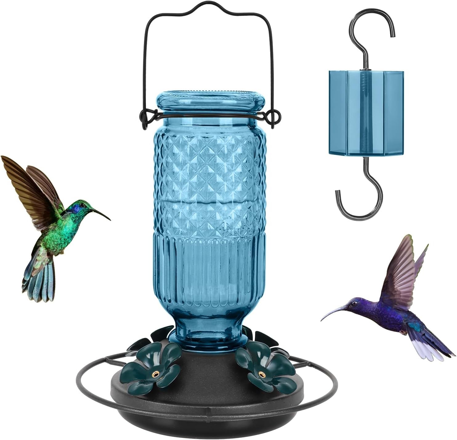 FEED GARDEN Glass Hummingbird Feeder for Outdoors Hanging, 16 OZ Humming Blue