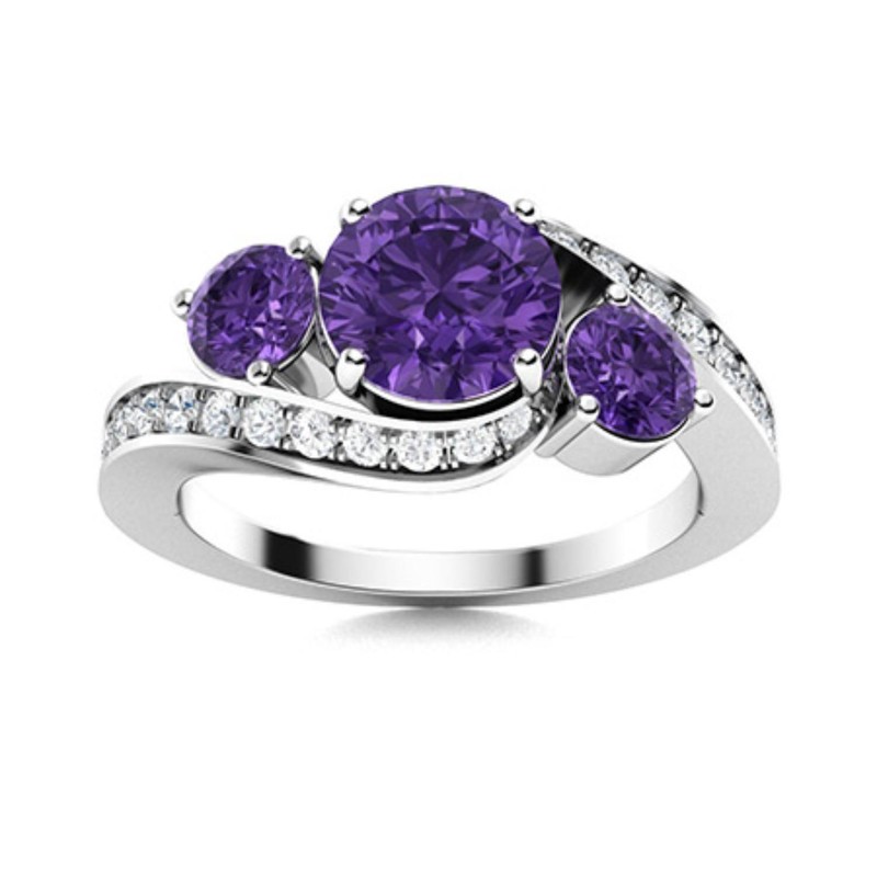 6mm Round Amethyst Ring 925 Sterling Silver Three Stone Bypass Engagement Band