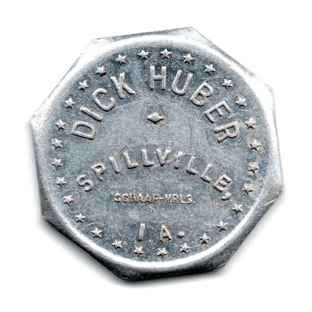 DICK HUBER • GOOD FOR 5¢ IN TRADE • SPILLVILLE, IOWA, IA. • TC-285261