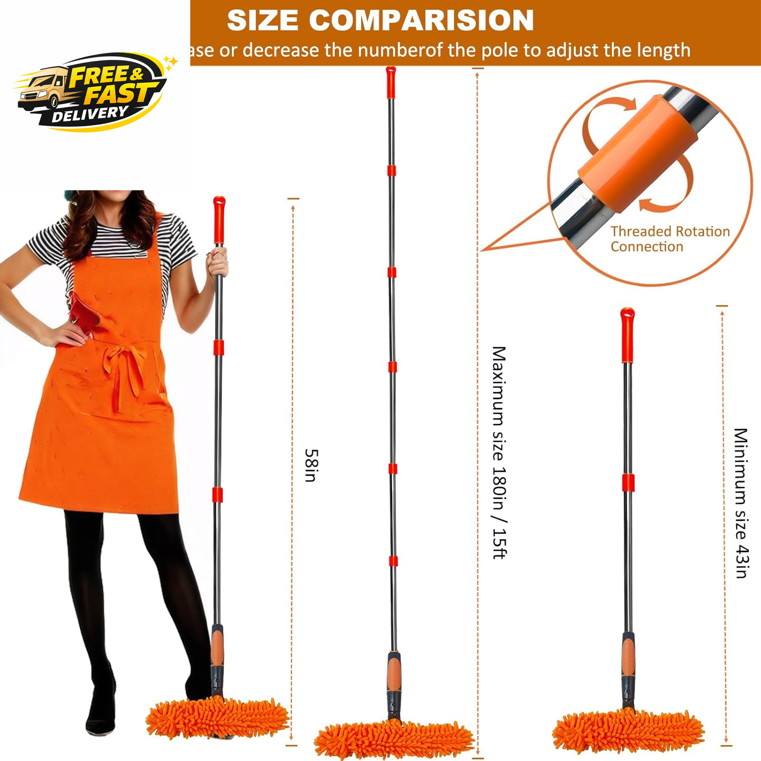 20 Ft+ Reach Squeegee Window Cleaner Duster 2 in 1 Rotatable Window Cleaning Too
