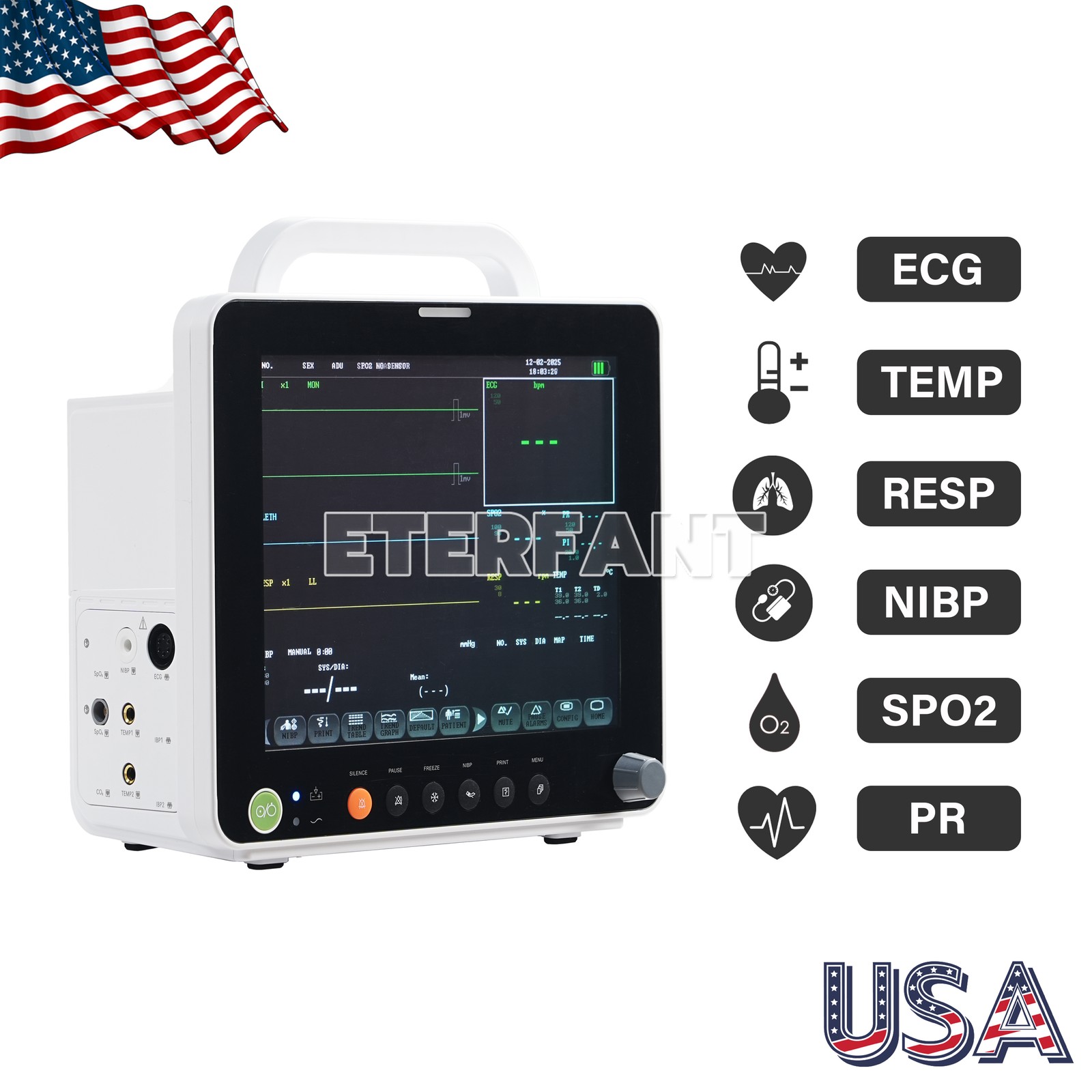 12" Patient Monitor ICU CCU Vital Sign For Hospital ECG NIBP RESP TEMP SPO2 PR