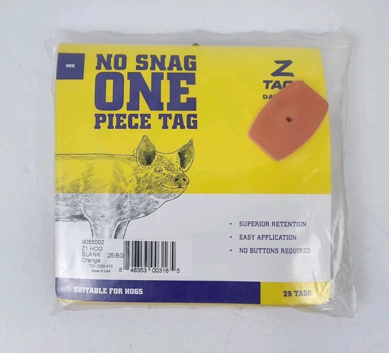 Z Tags , Hog Tags  One Piece Blank (25) Z1 No-Snag Tag Orange, Datamars Brand