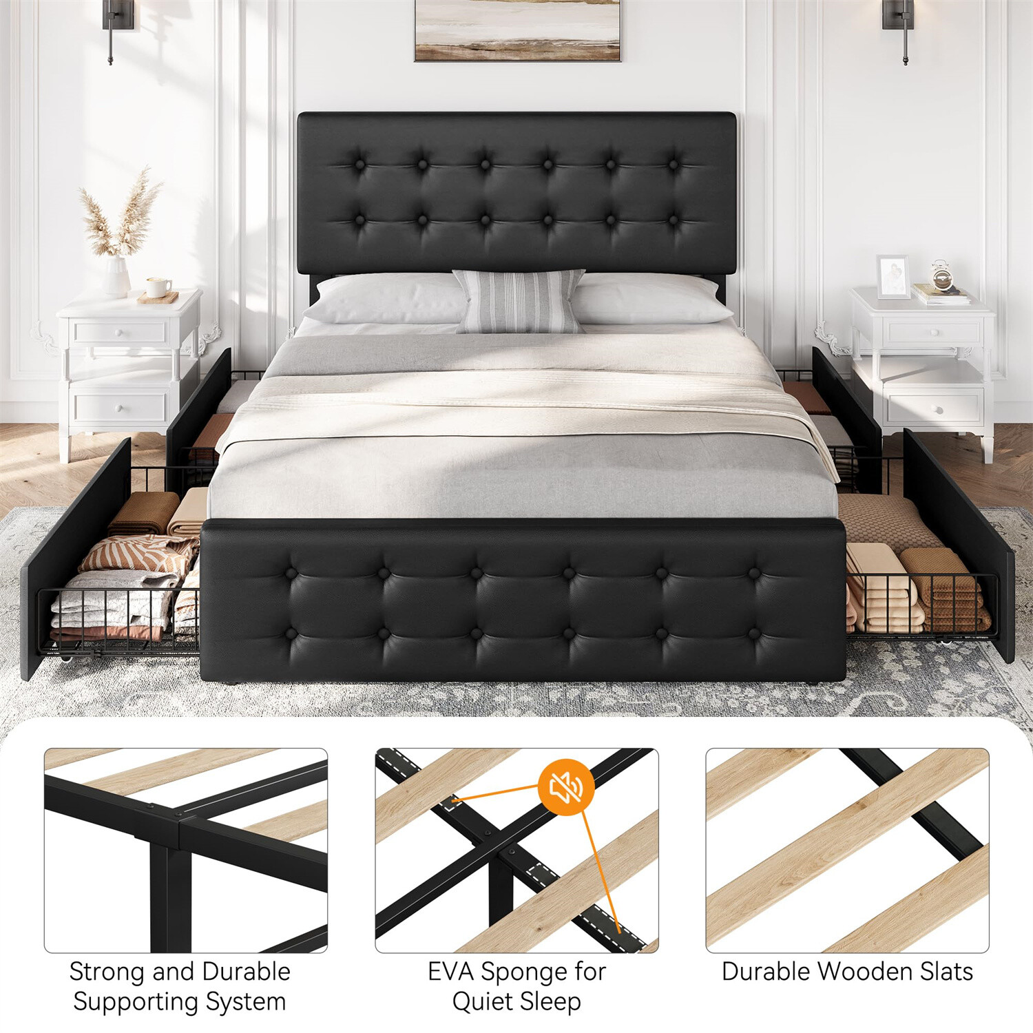 ⭐Full Size Bed Frame with 4 Storage Drawers and Headboard Upholstered Platform U
