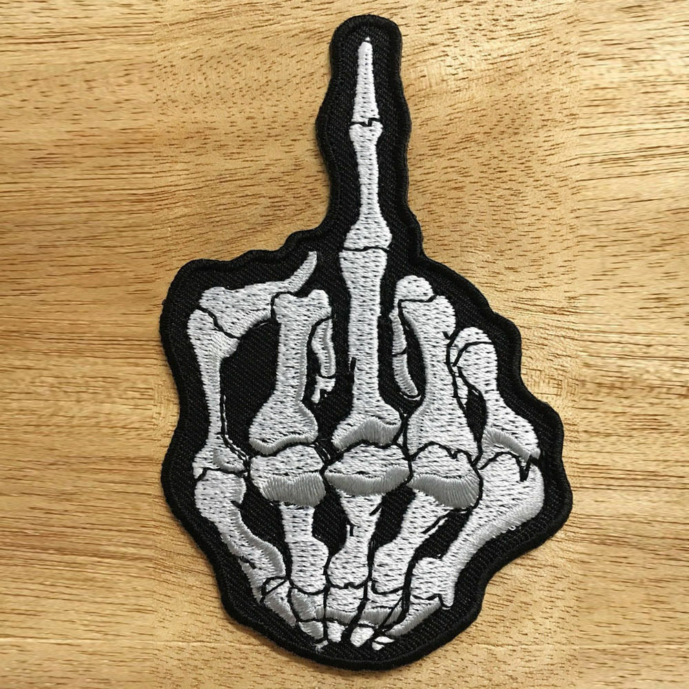 SKELTON MIDDLE FINGER EMBROIDERED BIKER VEST JACKET PATCH