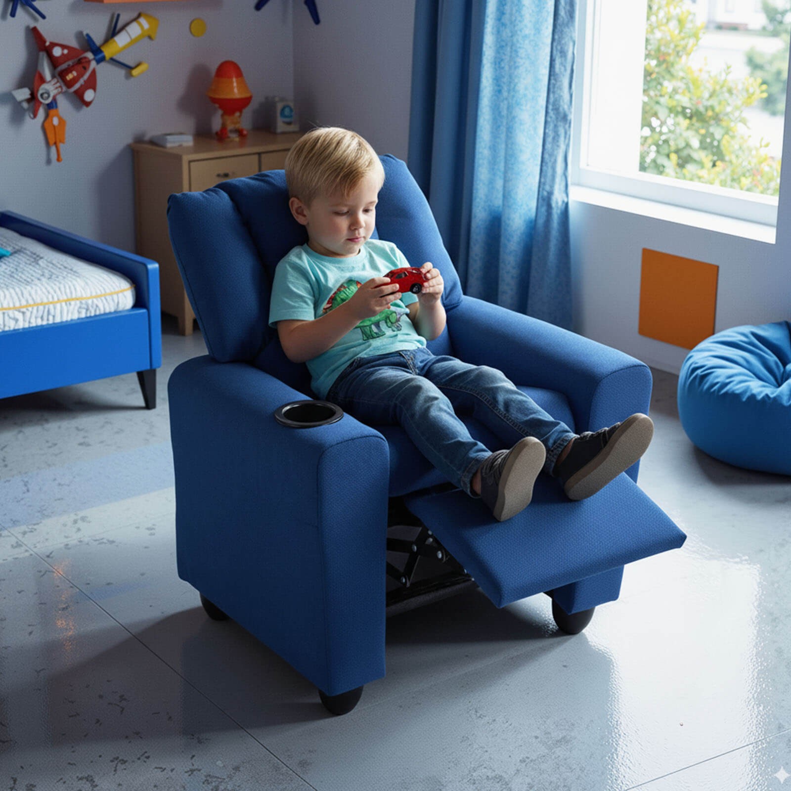 Kids Recliner w/ Cup ackrest & Footrest for Boys & GirlsHolder w/Adjustable B