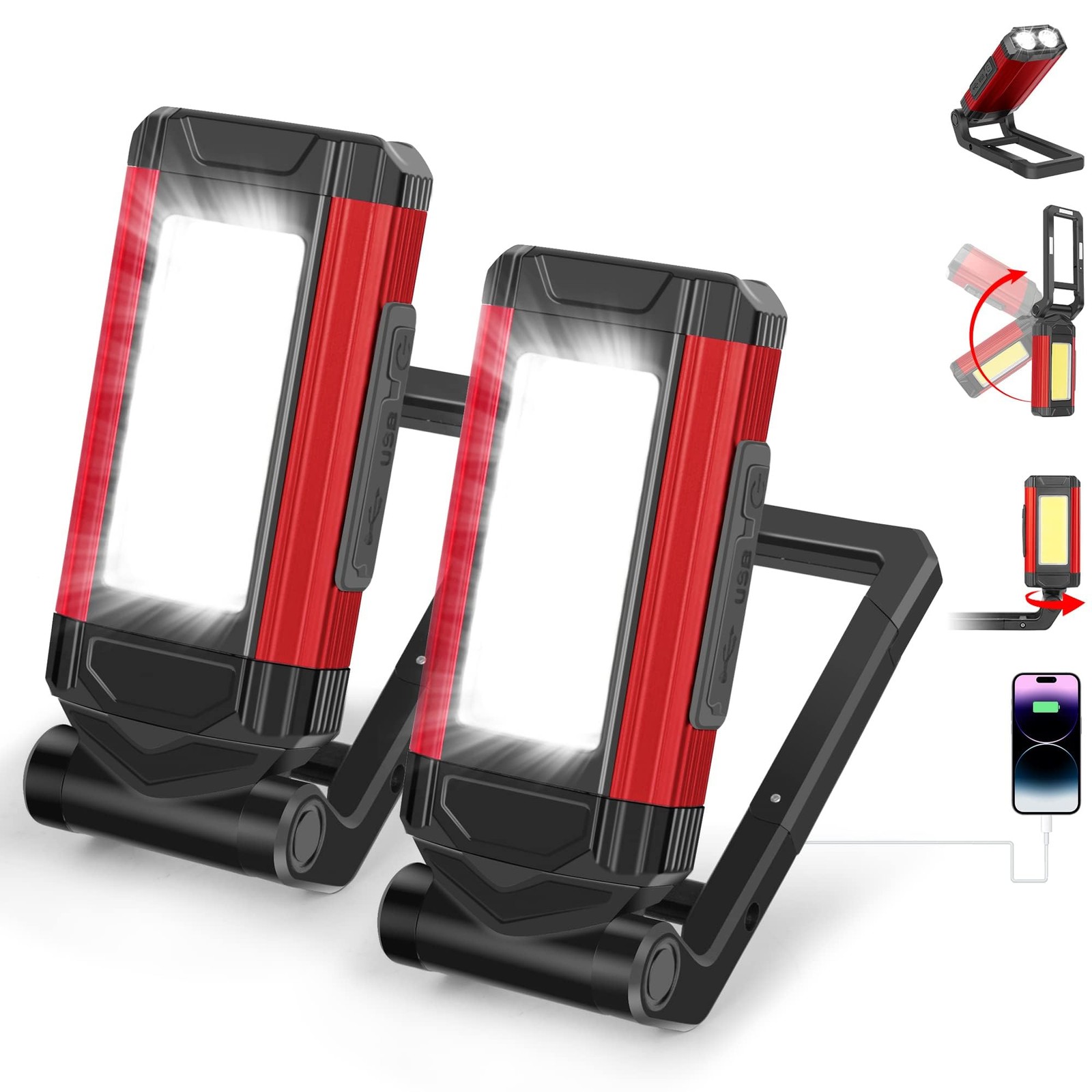 YiaMia 2-Pack Rechargeable Magnetic LED Work Light USB-C Flashlight w/ Kickstand