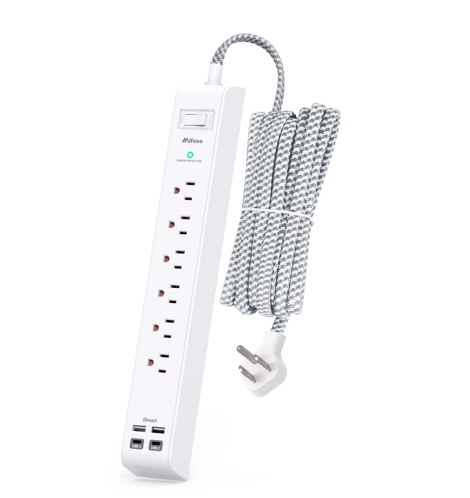 Surge Protector Power Strip 10 ft with 4 USB Ports 2 USB-C 6 10FT, White&Grey