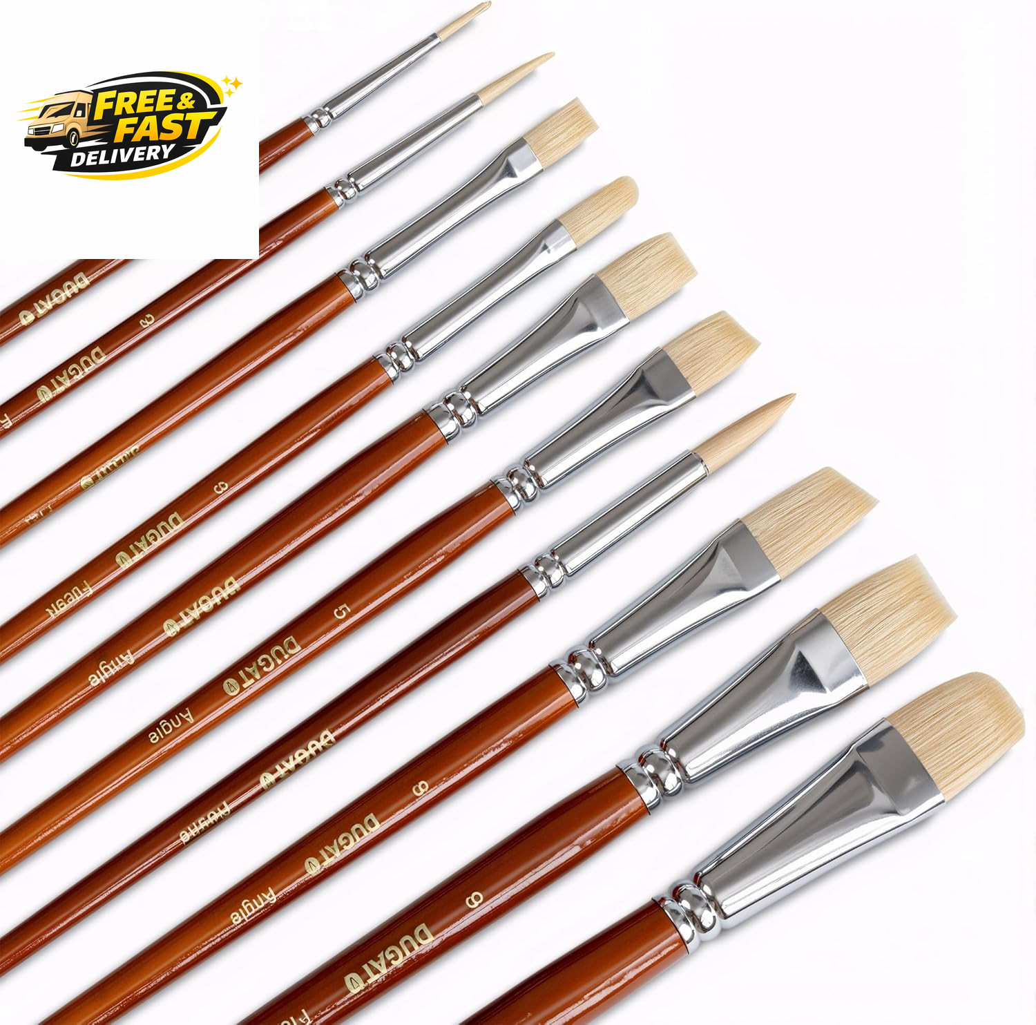 10Pcs Short Handle White Hog Hair Artist Paint Brush Set by  Perfect for Acrylic