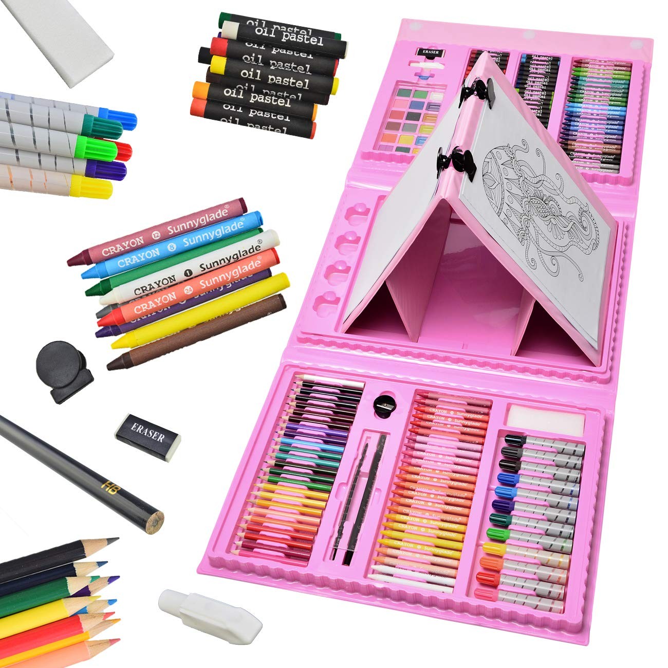 Sunnyglade 185 Pieces Double Sided Trifold Easel Art Set, 185 Piece Pink