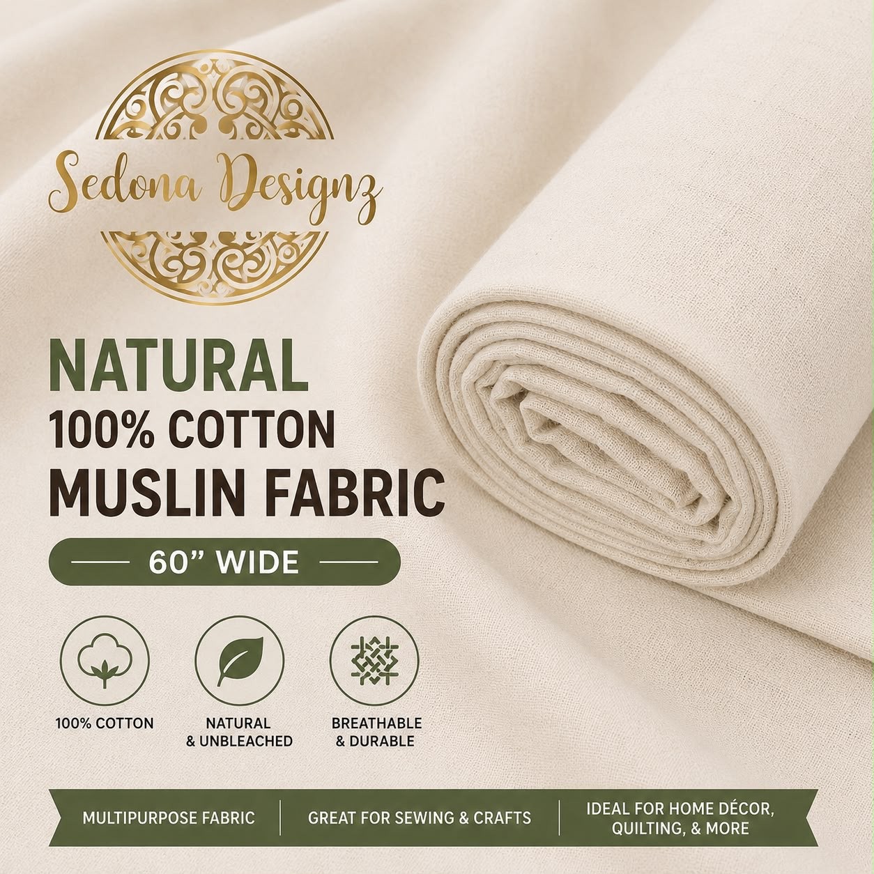 60 Inch Wide Natural 100% Cotton Muslin Fabric - Unbleached Draping Textile