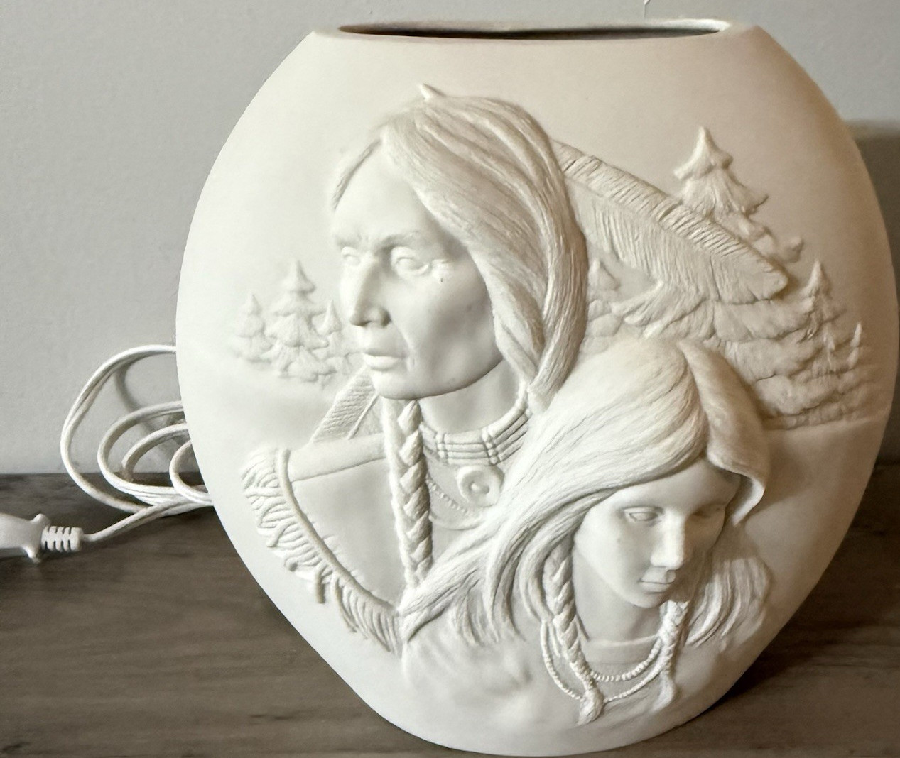 bisque pottery lamp relief-sculpted Native American Man and woman accent lamp