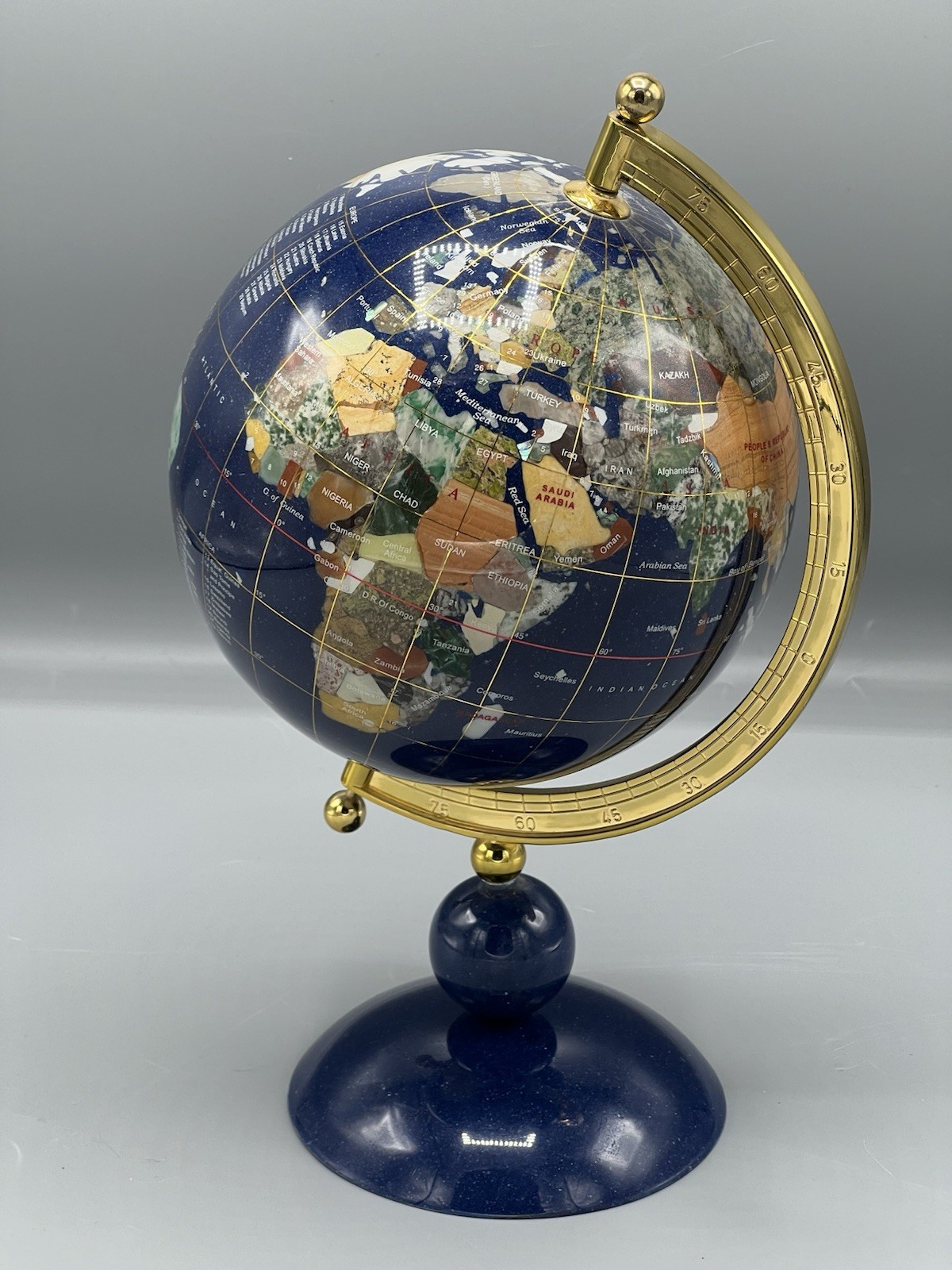 Medium 11”High 5.5” Dia. Lapis Gemstone World Globe On Polished Brass Stand