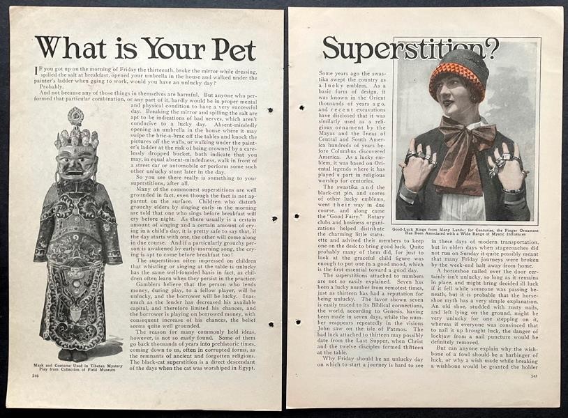 “What is Your Pet Superstition?” 1926 pictorial Good Luck Charms~Myths~Beliefs
