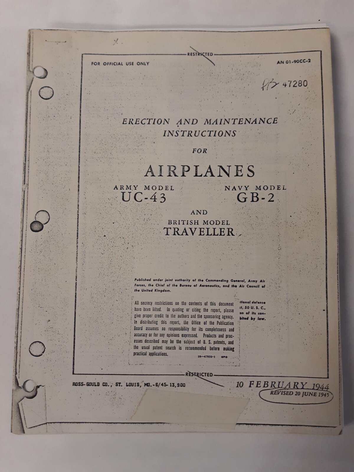 Beech Army Model UC-43 & Navy Model GB-2 Erection & Maintenance Instruction Copy