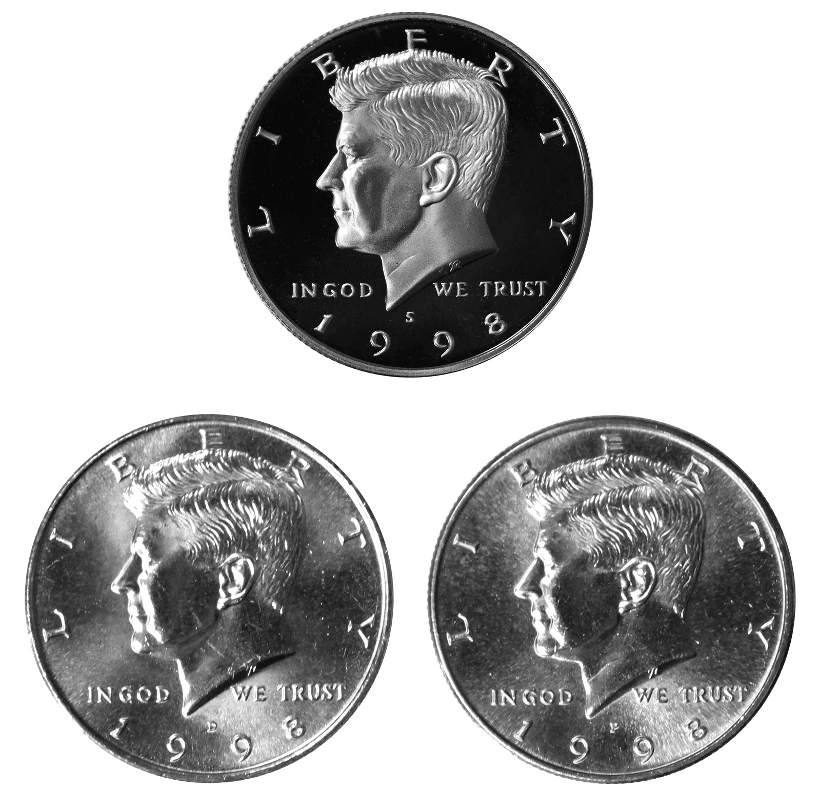 1998 P D S Kennedy Half Dollar Year set  Clad Proof & BU US 3 Coin lot