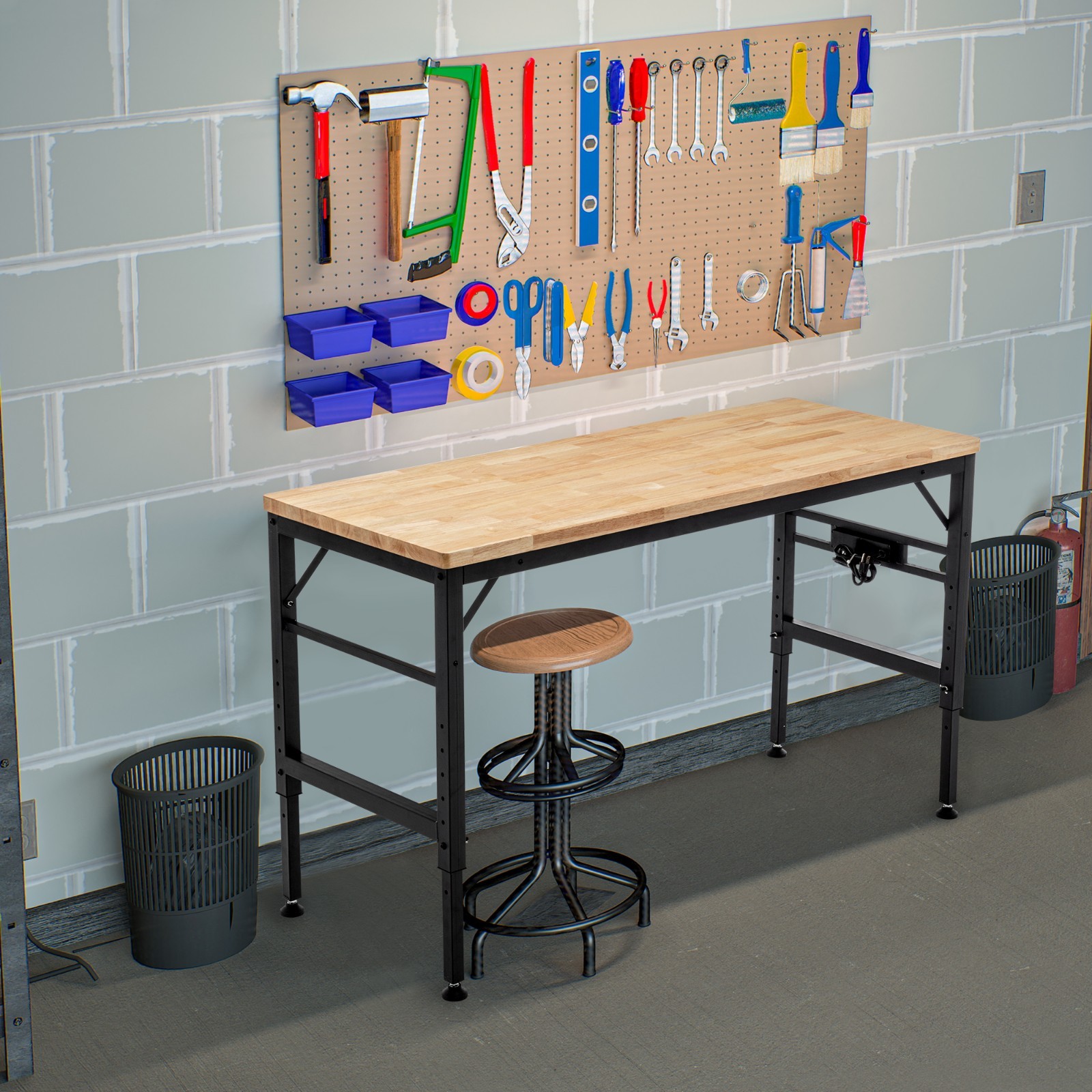 Adjustable Height Workbench, 60" Rubber Wood Top Heavy duty Workstation with Pow