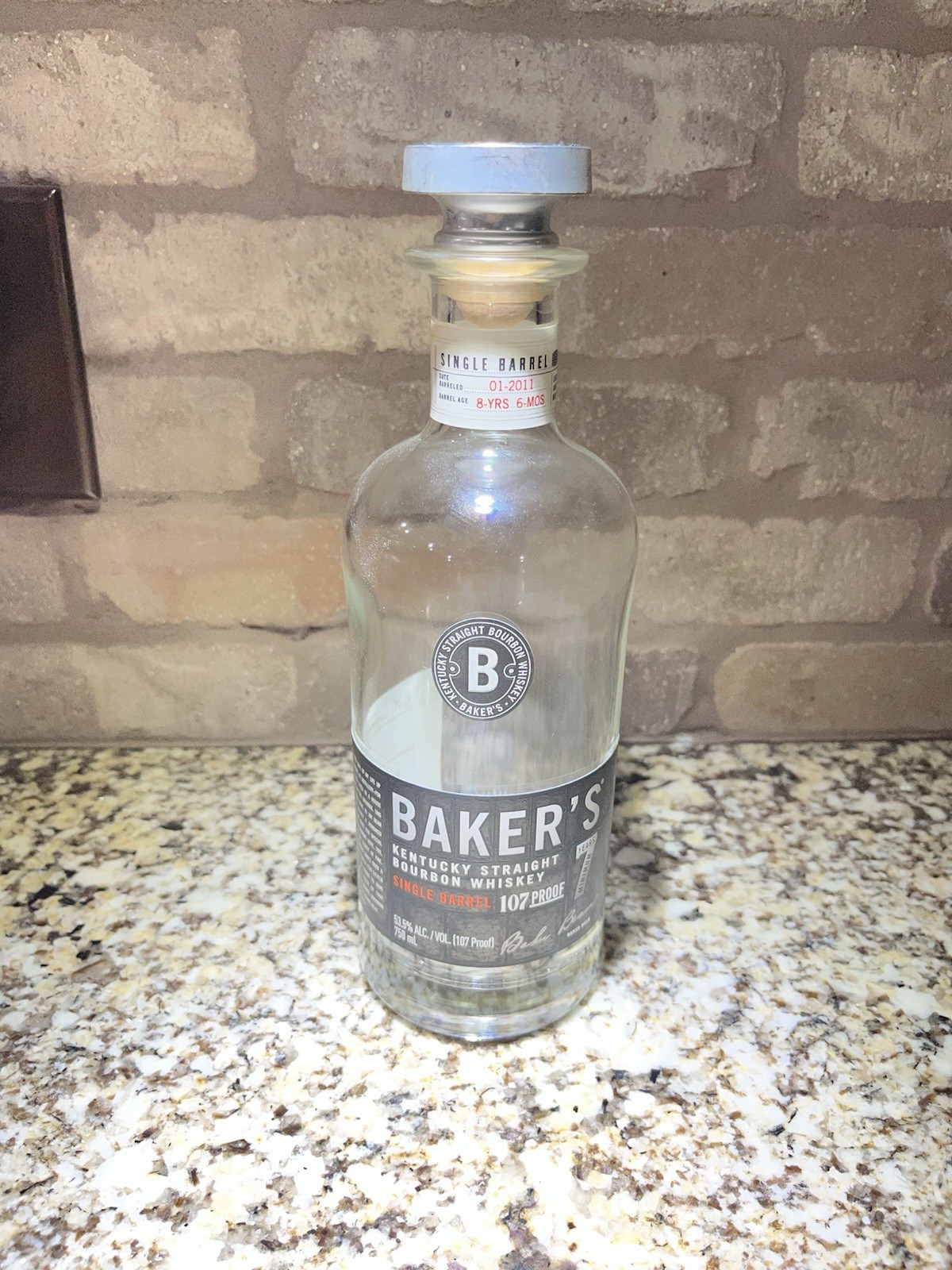 Baker's 107 Proof Single Barrel 7 Year - Empty Bourbon Bottle