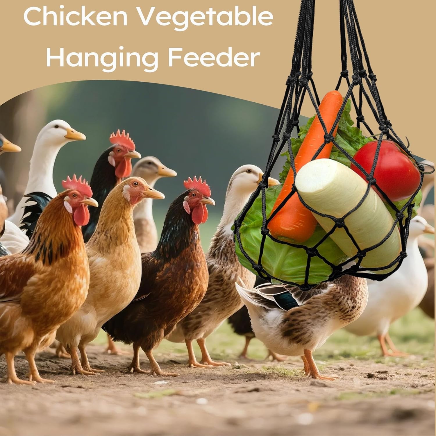 Chicken Vegetable Fruit Hanging Feeder 4Pcs Reusable String Bag W/ Hook Chicken
