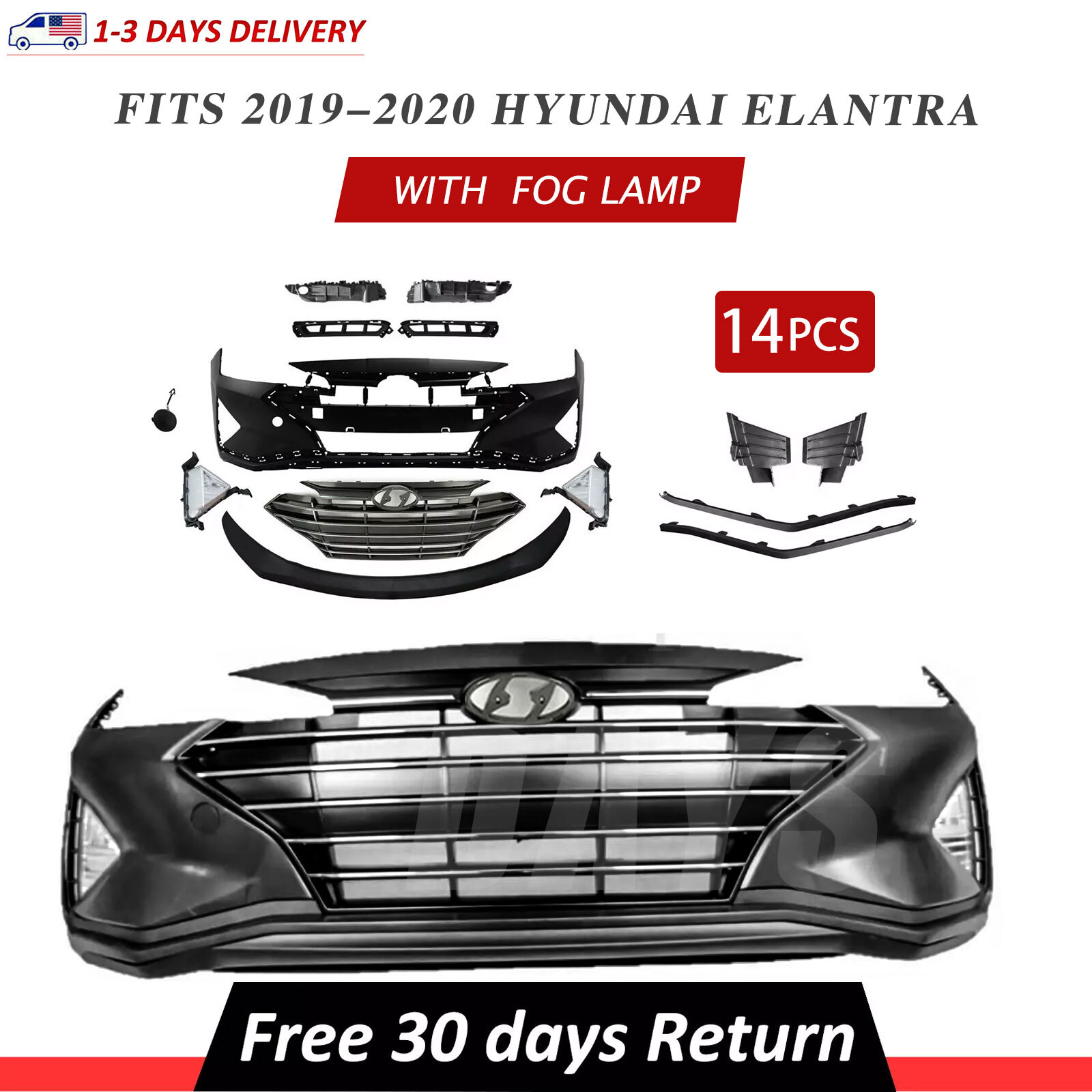 Complete Front Bumper Set W/ Fog Lamp Fits 2019 2020 Hyundai Elantra Korea Built