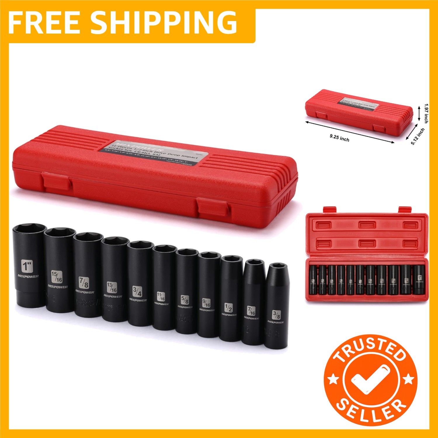11 Pieces 1/2-Inch Drive Deep Impact Socket Set, 3/8-Inch to 1-Inch, CR-V, SA...